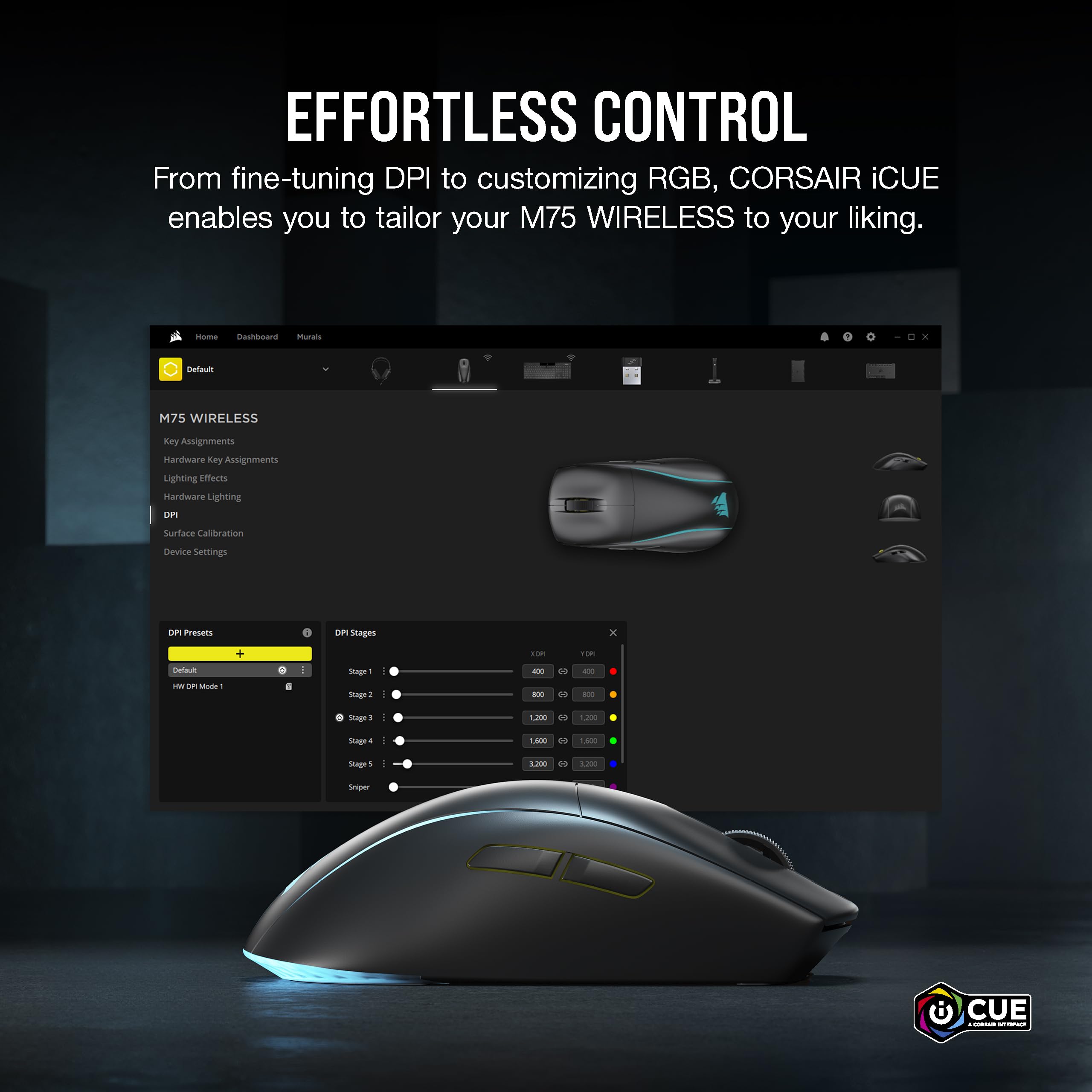 Corsair Ratón inalámbrico RGB Ligero para Juegos M75-26.000 dpi - Botones Laterales Intercambiables - Compatible con iCUE - PC - Negro
