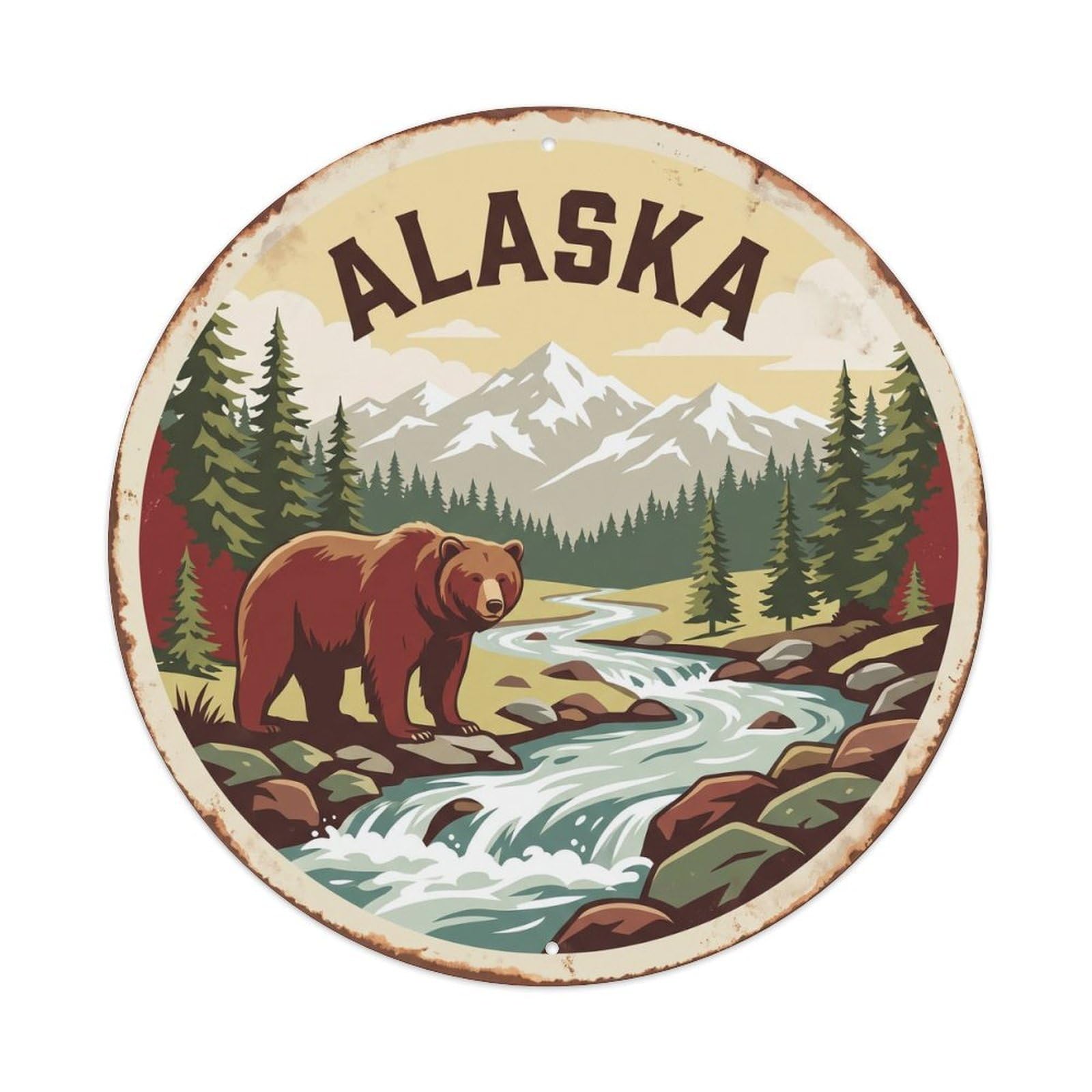 Vintage Alaska Brown Bear River Salmon Metal Tin Sign