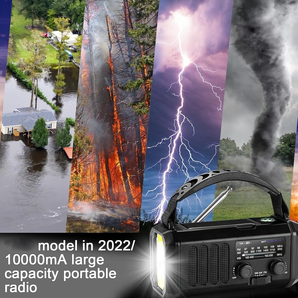 Radio Meteorológica de Emergencia FM/Am/, Radio Portátil con Manivela, Linterna, Energía Solar de 10000 MAh para Acampar Al Aire Libre