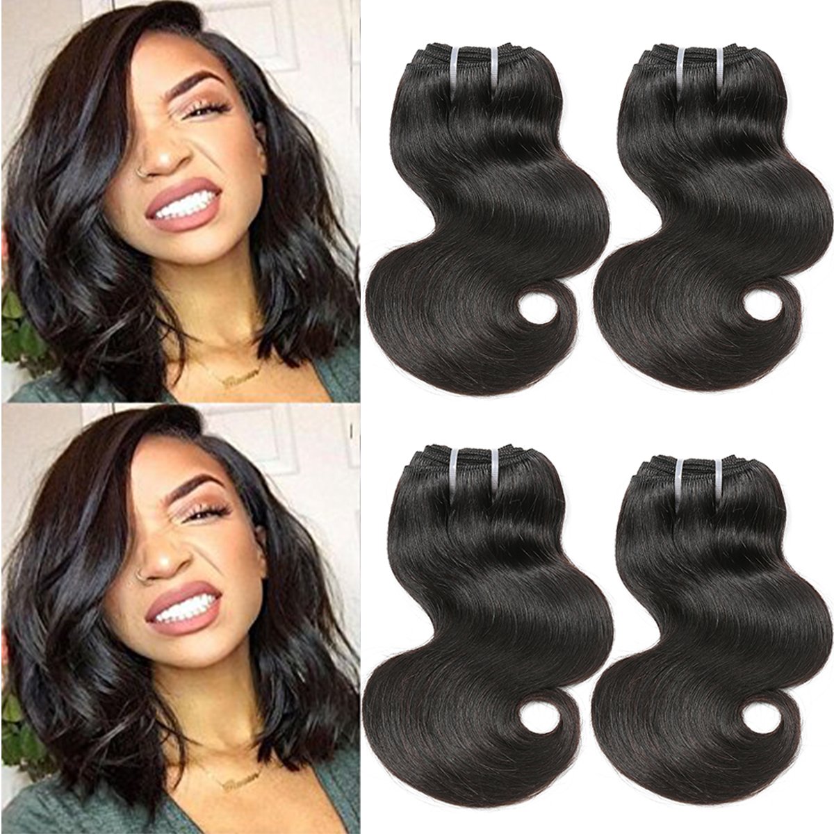 Hair Brazilian Virgin Hair Body wave 4 Bundles 8inch 50g/Piece Unprocessed Brazilian Body Wave Human Hair Extensions Natural Color (8/8/8/8 Inch)