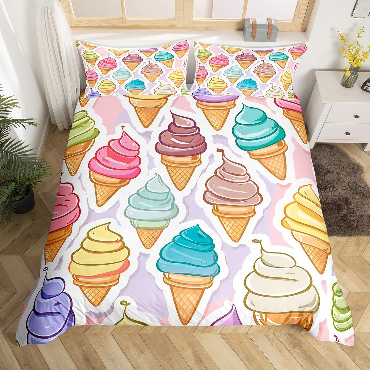 Manfei Cartoon Ice Cream Duvet Cover Set Twin Size,Colorful Sweet Dessert Bedding Set for Boys Girls,Ocean Beach Happy Summer Comforter Cover,Purple