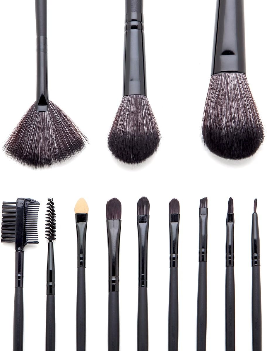 Professional Cosmetic Brush Set, Synthetic Brush Kit, Leather Case to Hold Powder, Blush, Eye Lash, Eye Liner, Shadow Applicators, and Smudging Sponge (12 Pieces)