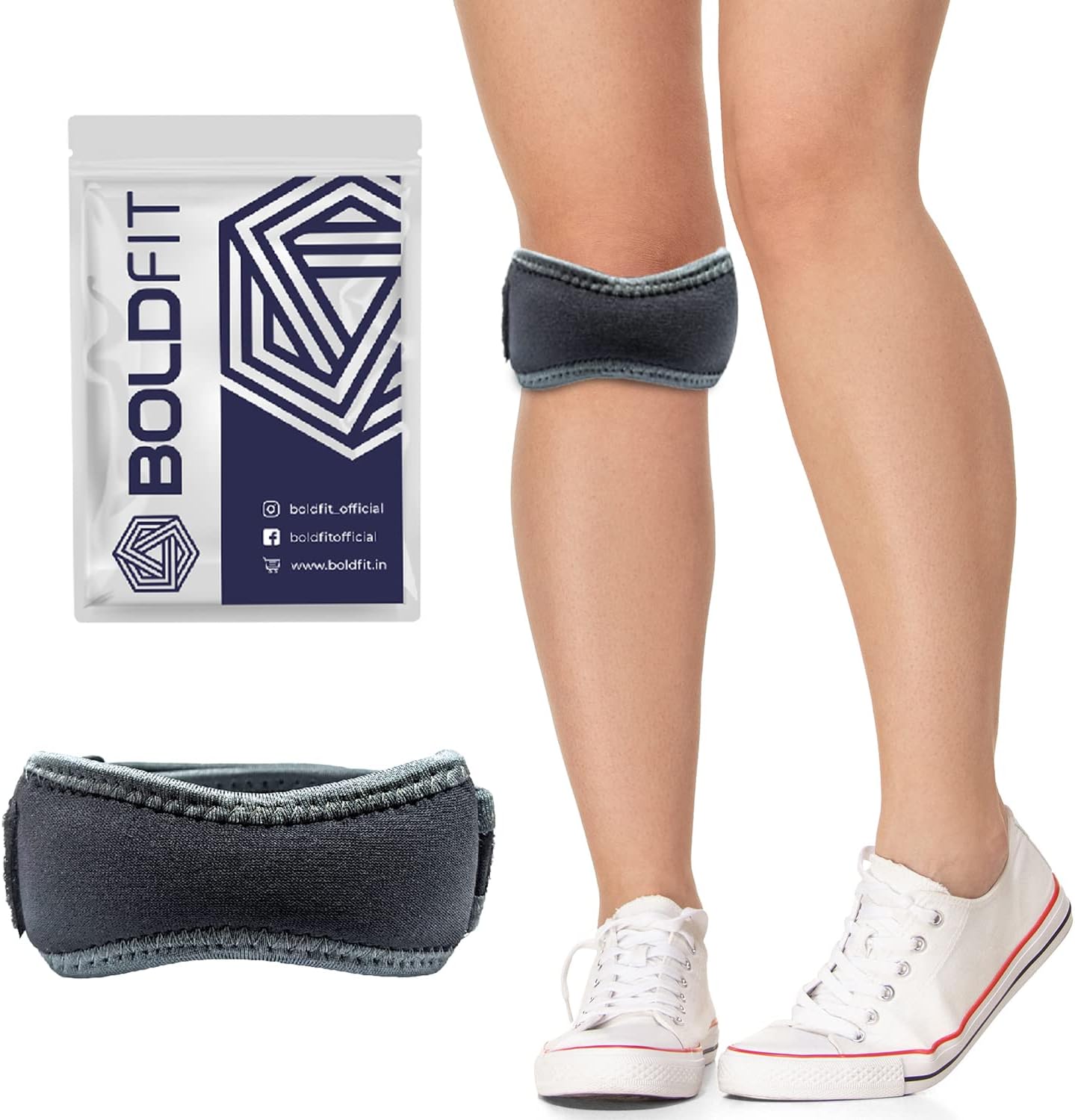 Boldfit Patella Knee Support - Adjustable Knee Brace for Knee Pain Relief for Patellar Tendon Support, Tendonitis, Knee Strap for Gym Squats, Running-Knee Support for Women & Men Free Size Black-Grey