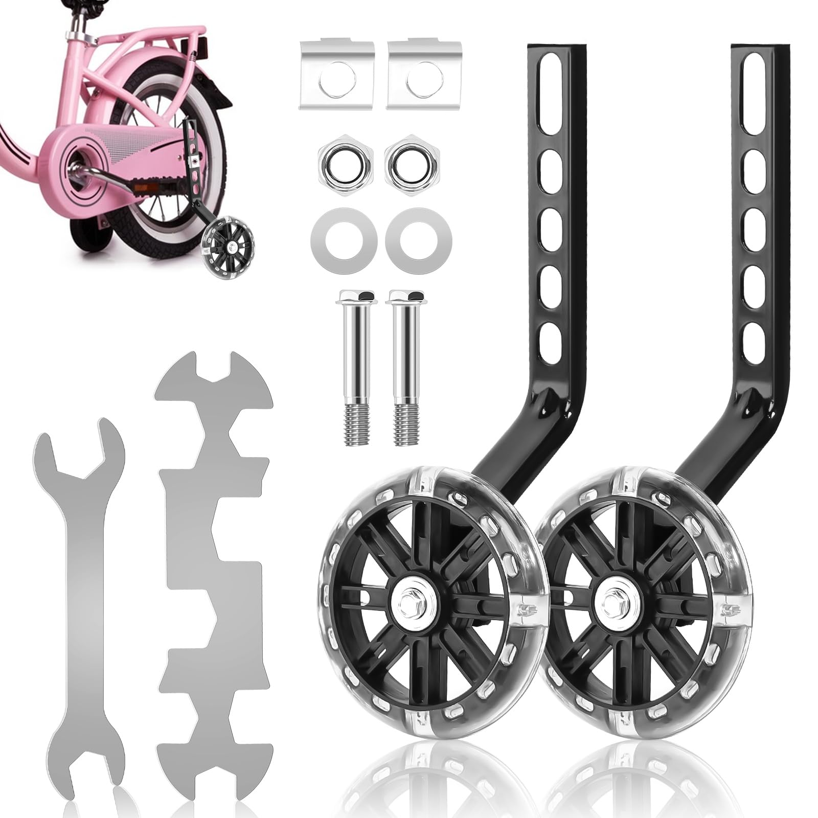 1 Paar Stützräder, Fahrrad Stützräder, Einstellbare Sicherheitsstützräder für Kinderfahrrad mit Mute Flash Räder Universal Hilfsrad für 12 14 16 18 20 Zoll Singlespeed Fahrrad (Schwarz)
