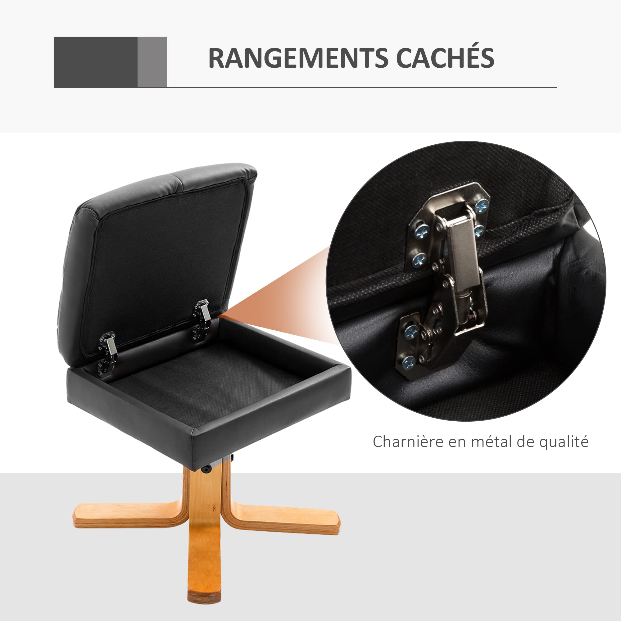 HOMCOM Fauteuil Relax avec Repose-Pied, Fauteuil de Relaxation en PU, pivotant à 360°, Dossier inclinable, Assise et Dossier rembourrés, Rangement caché, pour Salon, Chambre, Home cinéma, Noir