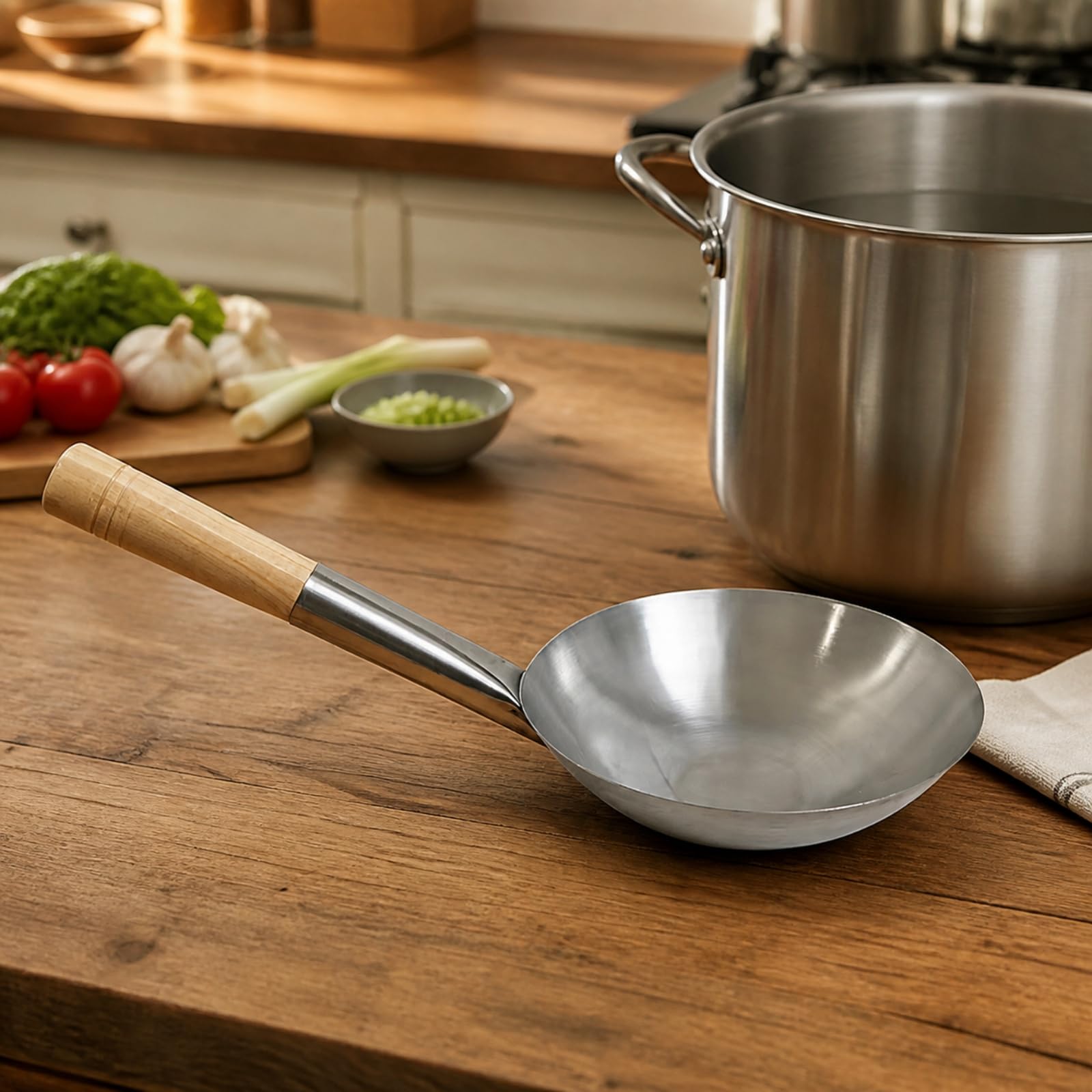 Mestolo da Zuppa in Acciaio Inox con Manico in Legno Resistente Al Mestolo Acciaio Inox Durevole per Cuochi Professionisti, Ristorante, Legno 30CM 2 0MM