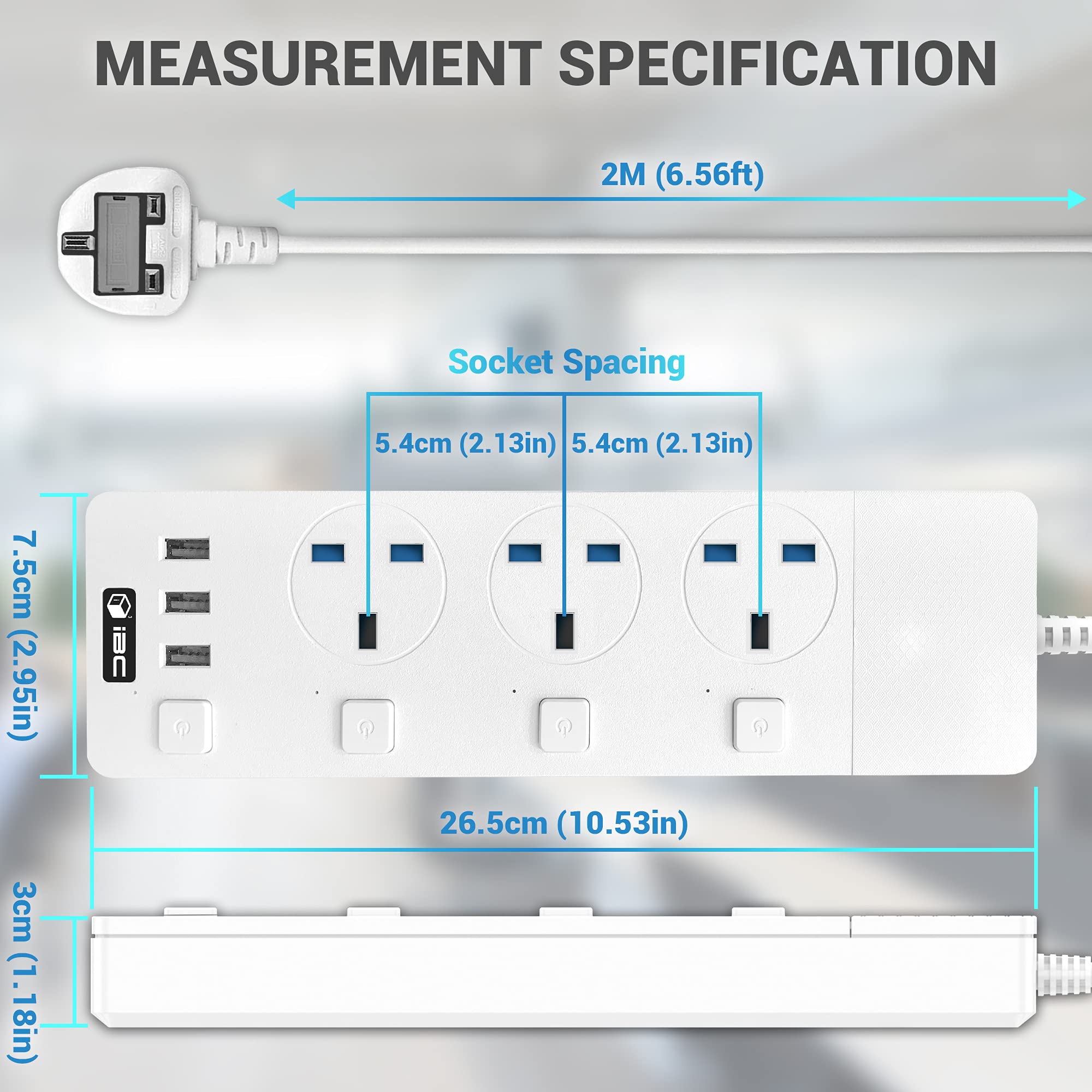 iBlockCube Extension Lead with 3 USB Slots 2 Meter Cable Cord Power