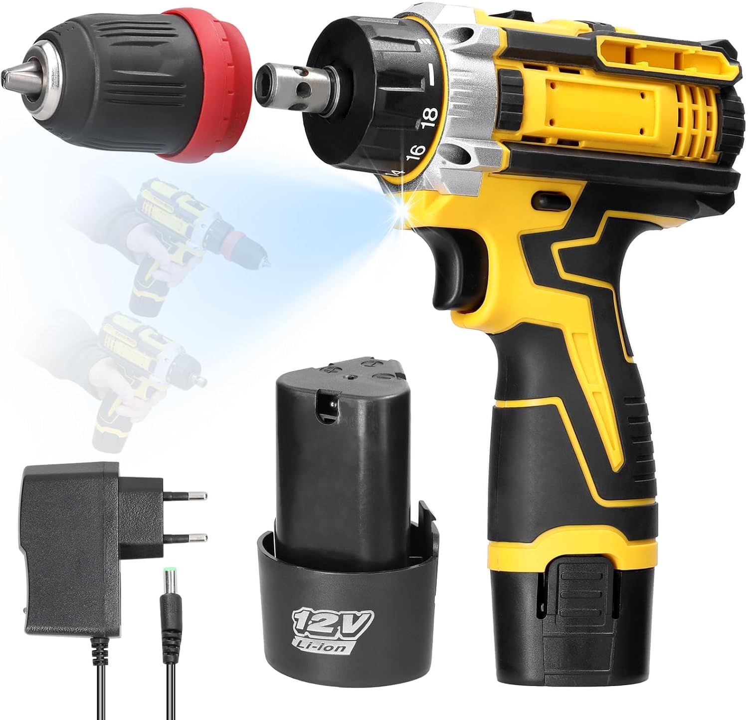 Destornillador Eléctrico, Weytoll 12V Taladro Atornillador de Litio 2 en 1, con Batería de 2 * 1300 mAh para Instalación de Electrodomésticos y Carpintería de Bricolaje, luz de Trabajo LED
