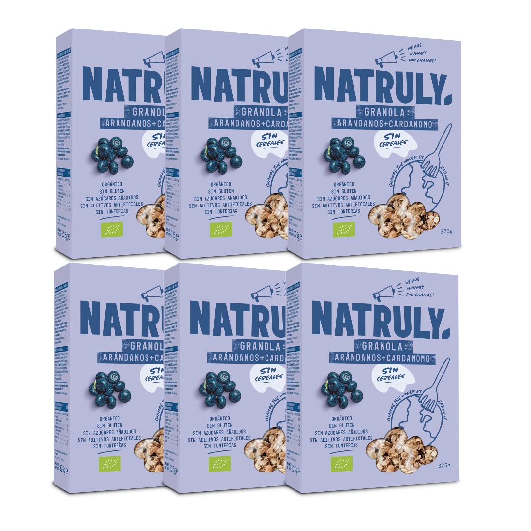 NATRULY Granola BIO Sin Azúcar Refinado, Sin Gluten, Solo Frutos Secos y Semillas, Sin Cereales, Sabor Arándanos - Pack 6x325g