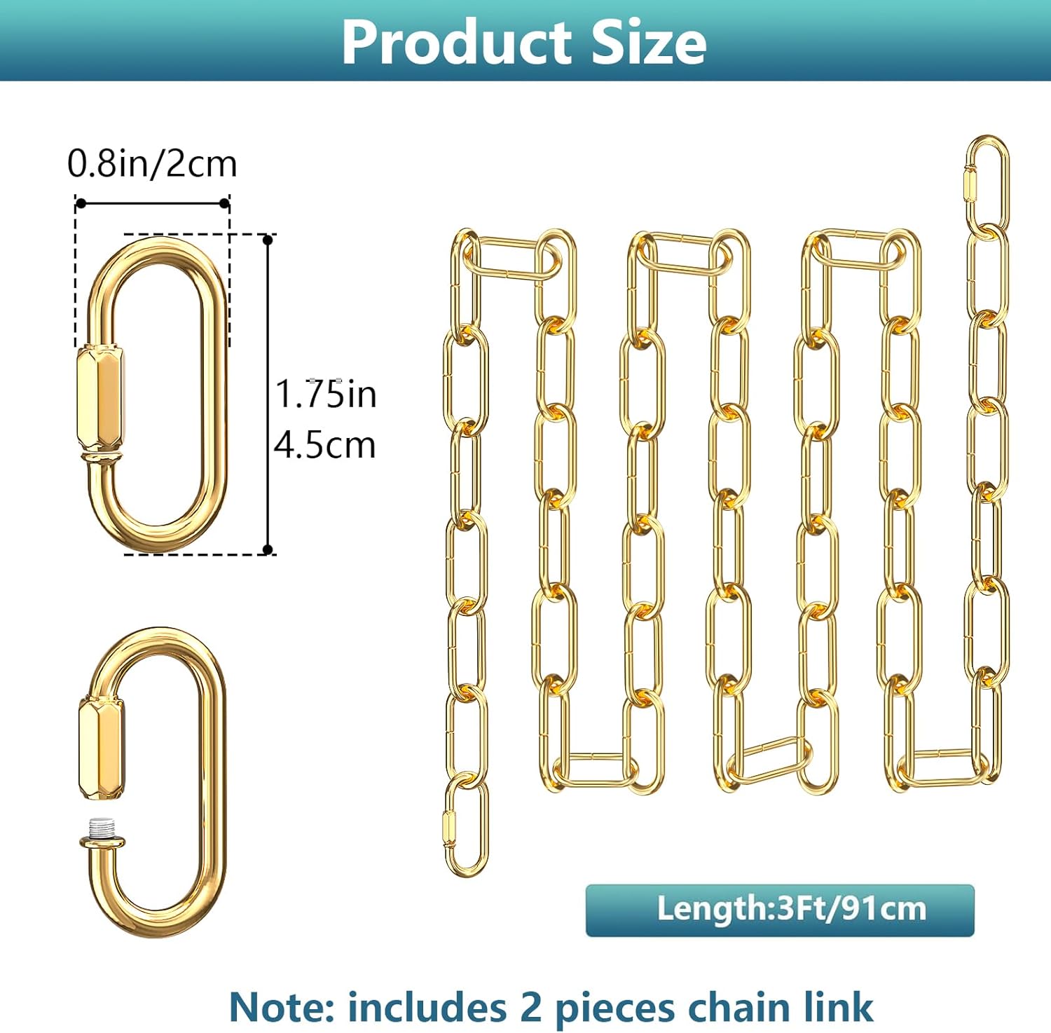 garini 3 Feet Gold Light Fixture Chain, Metal Pendant Chandelier Chain, with 2 Peice Detachable Link - Image 2