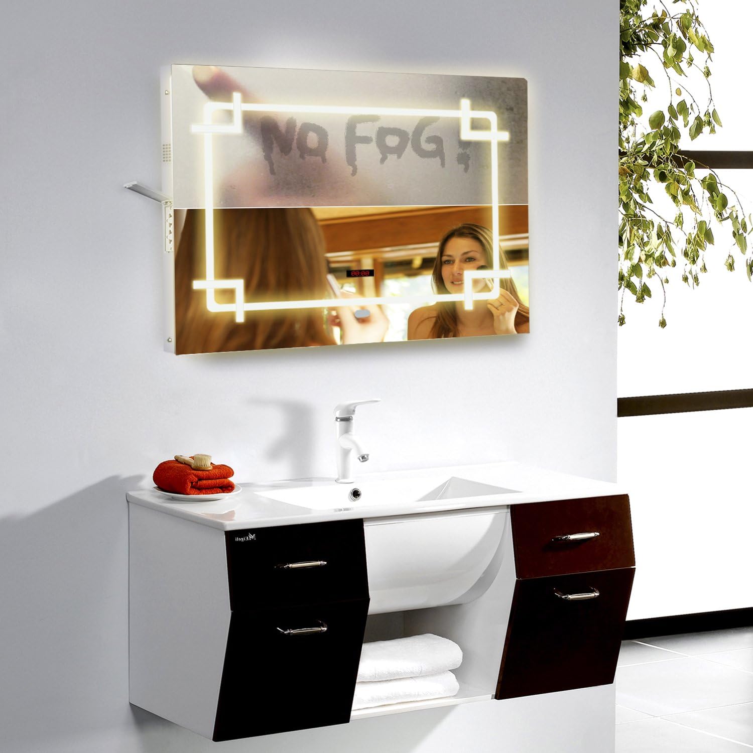 Hododou LED Bathroom Mirror with Demister Bluetooth Speaker Modern Illuminated LED Bathroom Mirror with Socket Sensor on and off 450mm x 700mm