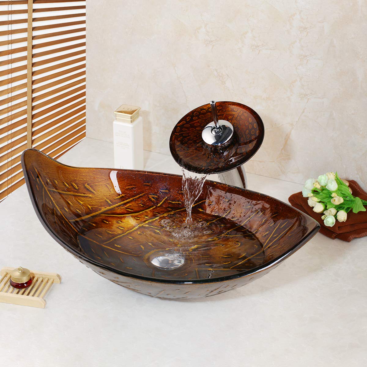 Leaf Shape Bathroom Vessel Sink, Above Counter Art Basin Tempered Glass Sink Bowl with Pop-Up Drain and Mounting Ring Set，Red-Brown
