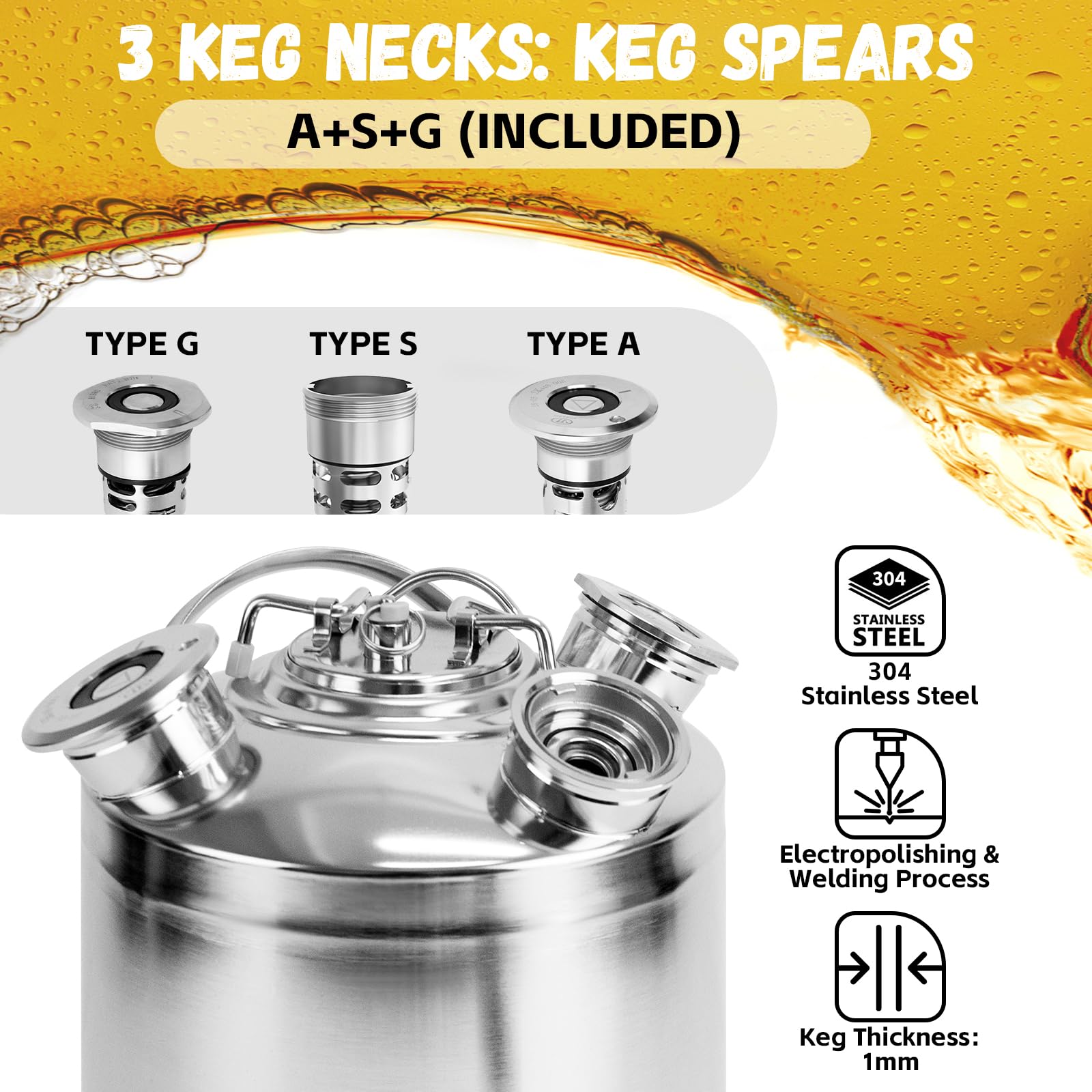 Barril de limpieza de cerveza de acero inoxidable de 10 l, 3 cabezales de limpieza con tapa, incluye pinchos A, S, G, dispositivo de limpieza de cerveza para grifo de cerveza de 10 L, acero inoxidable