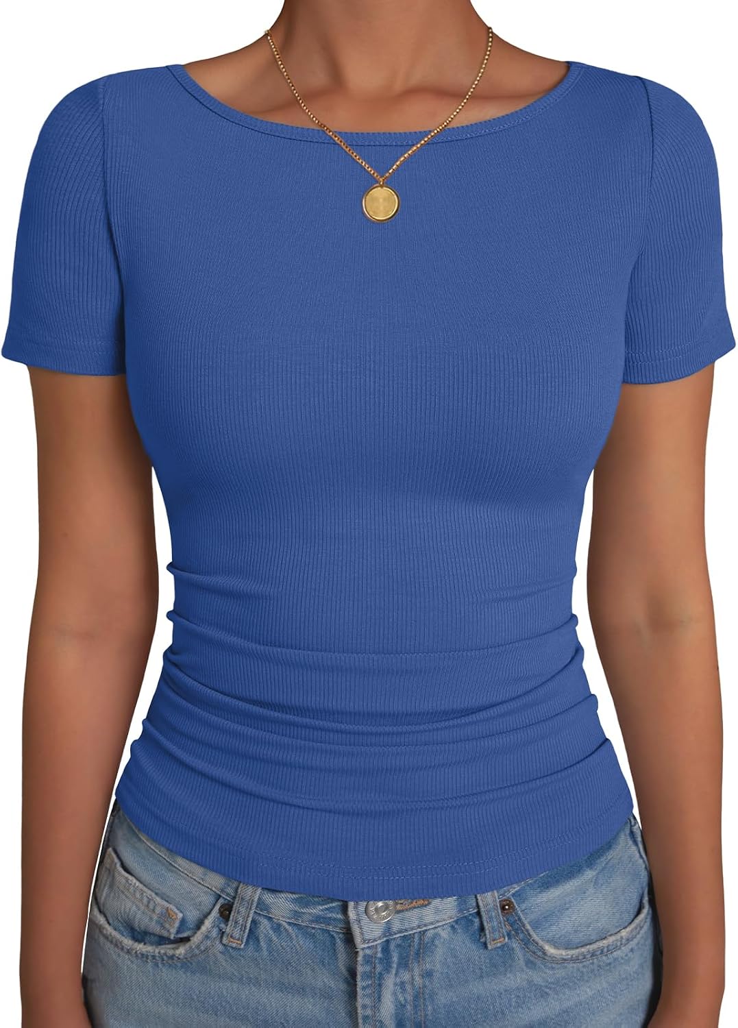Women's Boat Neck Ribbed Short Sleeve Tee Slim Fitted Y2K Basic Top — view 6