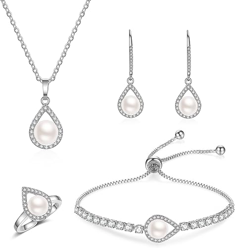 DHQH Juego de 4 joyas de boda para dama de honor, circonita cúbica, lágrima, collar, aretes, pulsera, anillos, juego de joyas de dama de honor para