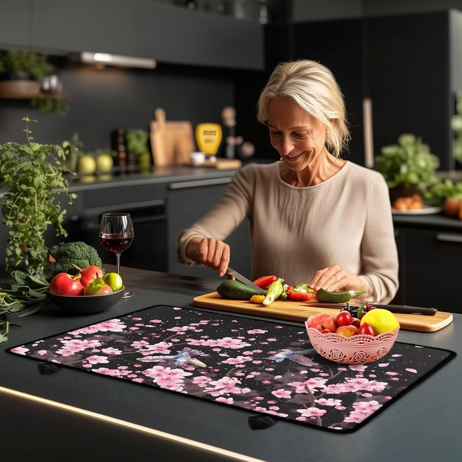 Poceacles Stove Top Cover for Electric Stove, Stove Mat for Glass Stove Top, Heat Resistant Oil Resistant Cooktop Protector Cover for Kitchen Decor, Hummingbird Peach Blossom