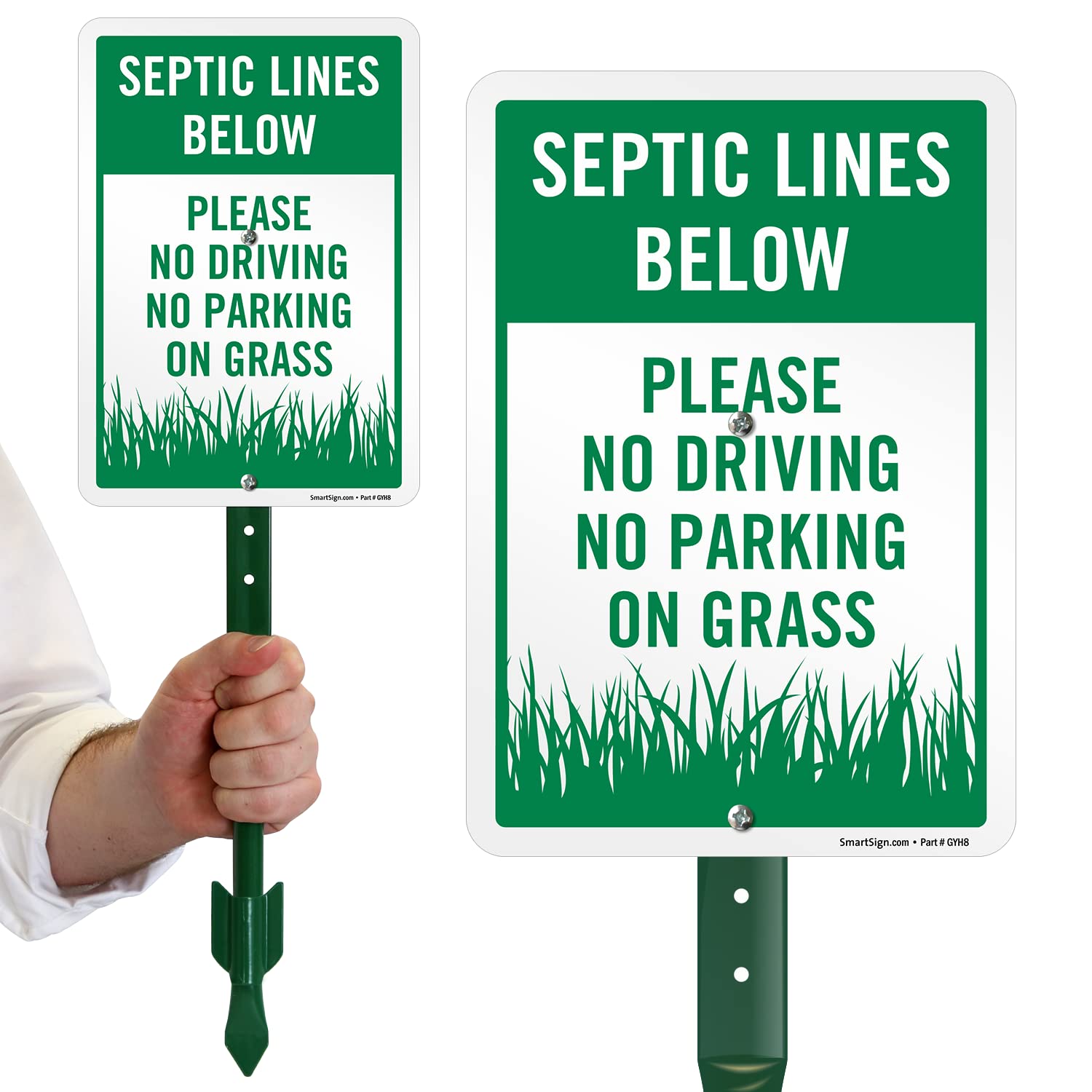 SmartSign 10 x 7 inch “Septic Lines Below - Please No Driving No Parking On Grass” LawnPuppy Yard Sign and 18 inch Stake Kit, 40 mil Laminated Rustproof Aluminum, Green and White, Set of 1