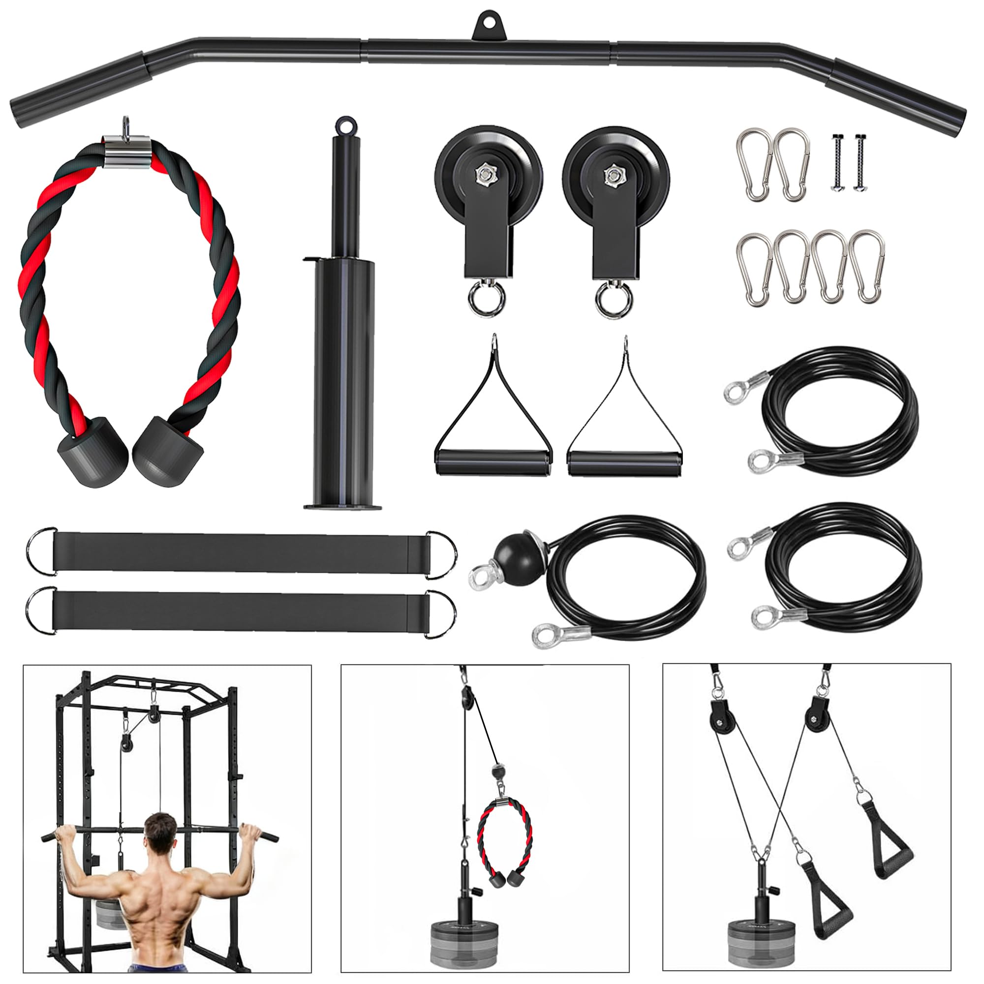 Belle Vous Fitness Cable Pulley System Set - Home Gym Cable Exercise Material with LAT Pull-Down Attachment - Weight Lifting Cable Machine with Charge