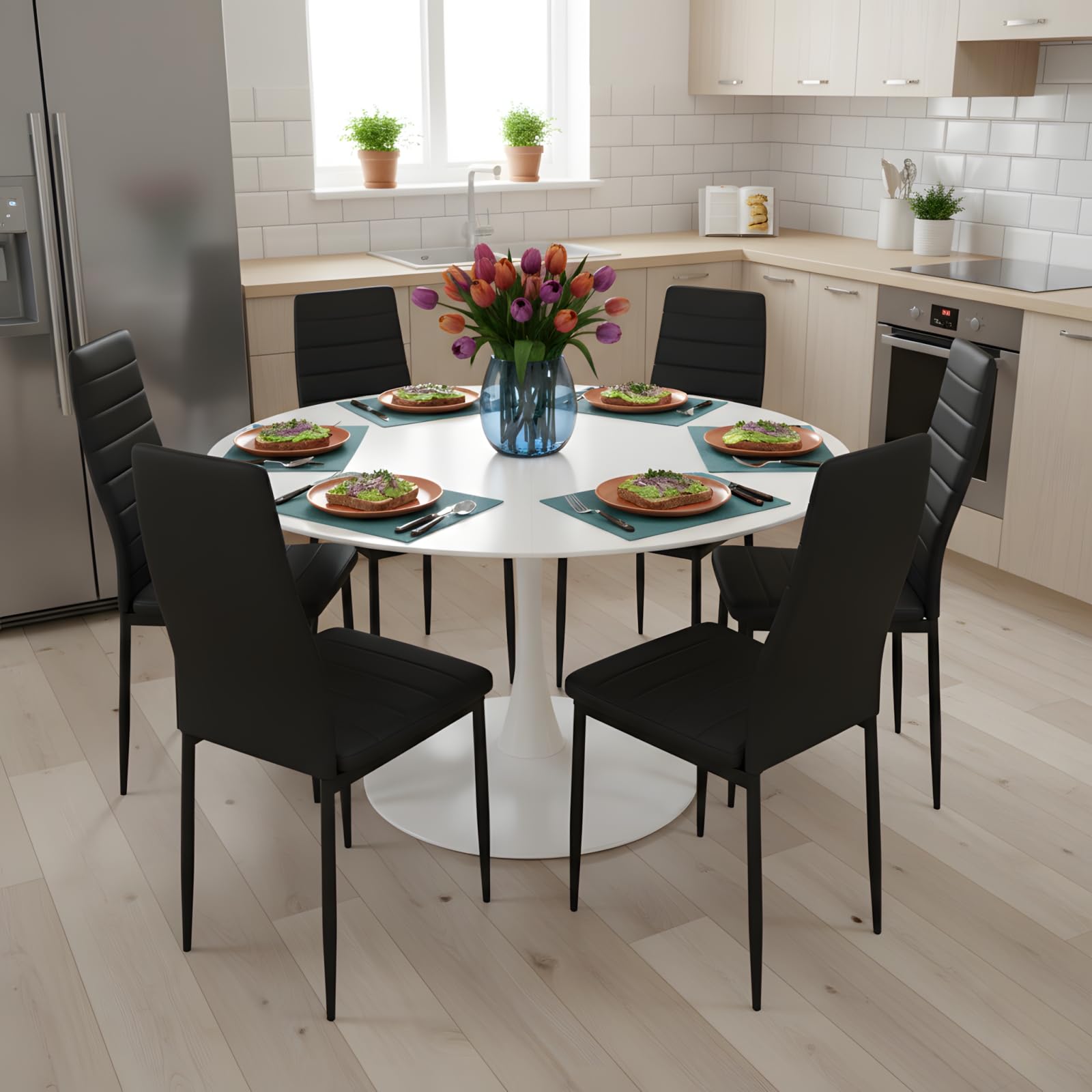 Ensemble Table a Manger Ronde 110 cm avec 6 Chaises, Ensemble Table et Chaises Salle a Manger en Similicuir Noir, pour Cuisine Salle à Manger Salon Bureau et Restaurant (Blanc + Noir)
