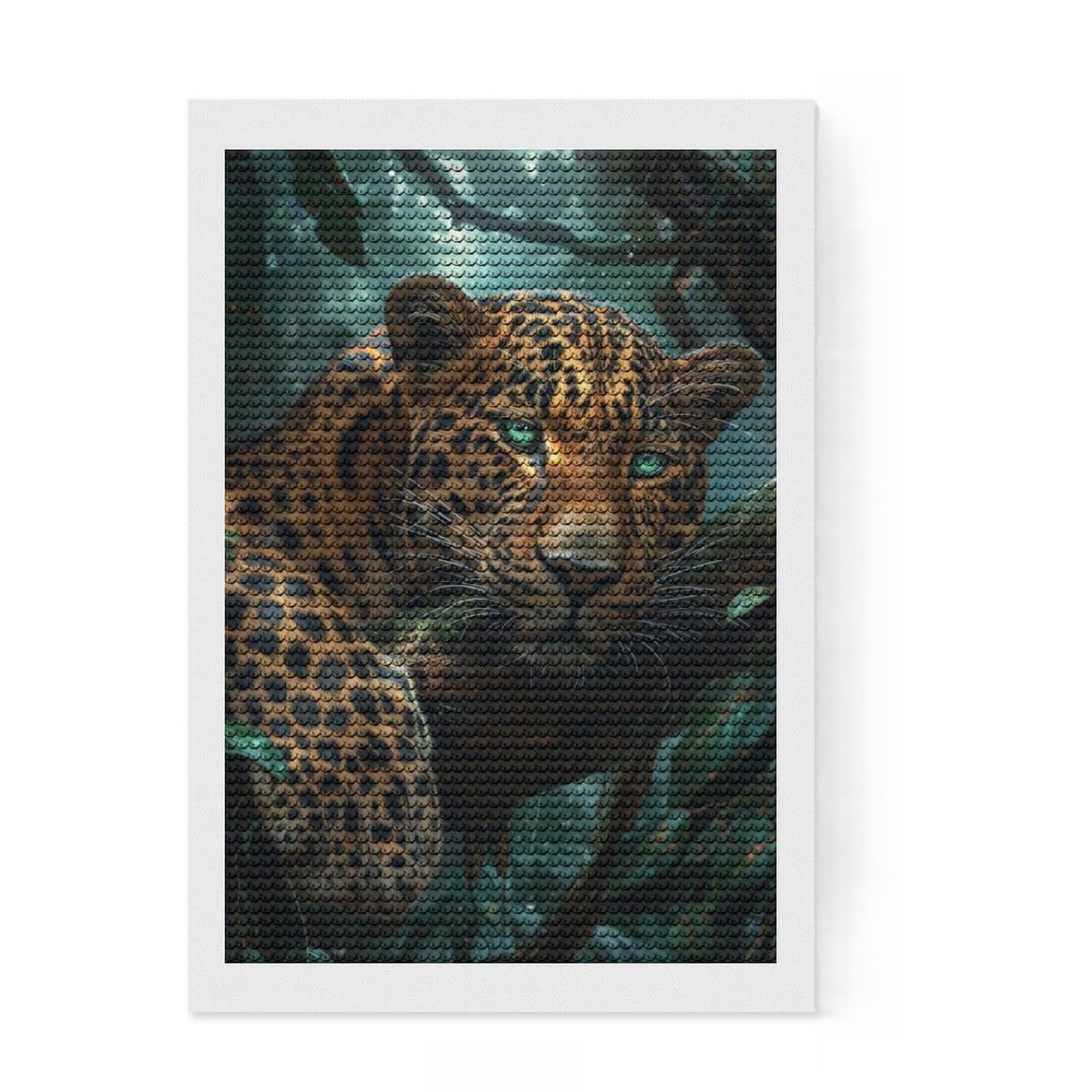 Junmoney Tropical Jungle Leopard Diamond Art Canvas 8"x12", Easy to Follow Symbols, Easy Handmade Project, Boho Decor, Holiday Gift Idea