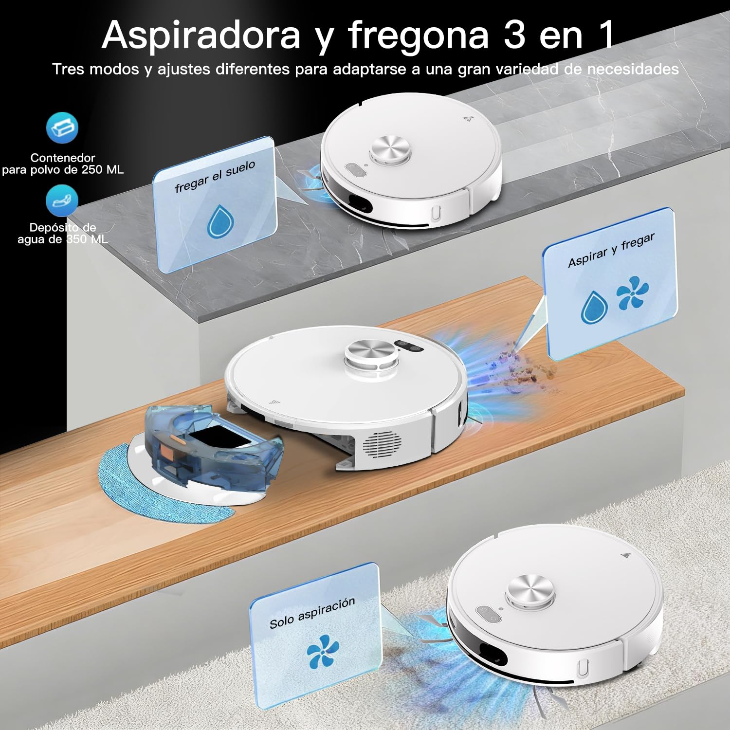Robot Aspirador y fregasuelos hasta 8000Pa Navegación LiDAR y Mapeo | Potente succión Autovaciado Autonomía de 220 Minutos, Anticolisión, Limpieza Personalizada Control por Voz y App-Blanco
