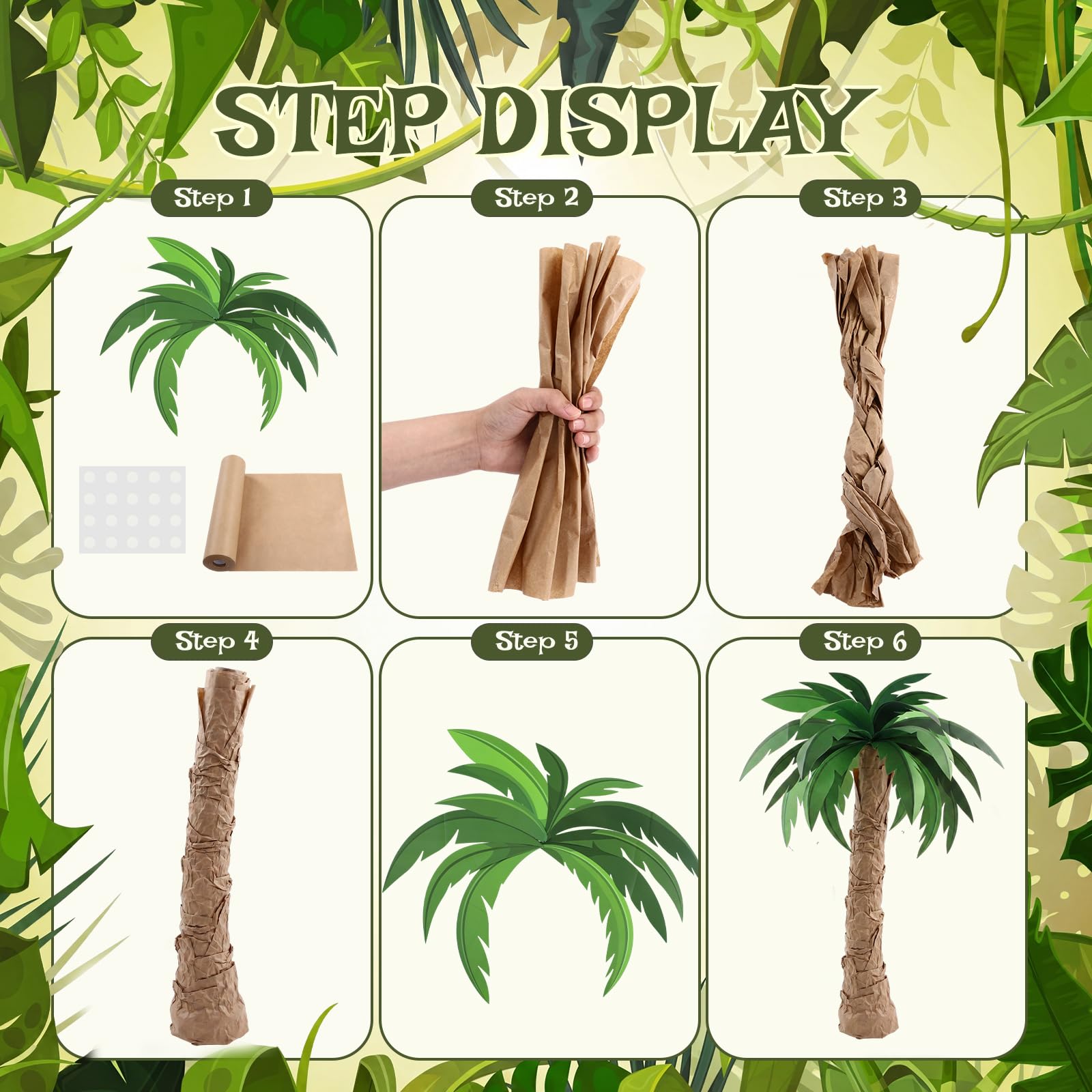 Gersoniel Dschungelthema Klassenzimmer Party Dekorationen Gelenkpalmen Kit 30,5 cm x 0,6 m Kraftpapier 36 mehrere Größen grüne Blätter Pappausschnitt, tropische DIY Kokosnussbaum für Regenwald Safari