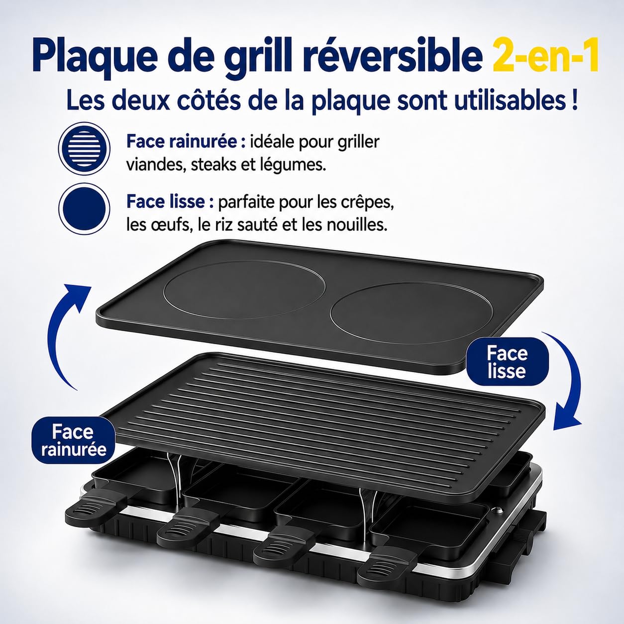 Griglia per Raclette, Raclette 8 Persone, 1300W Griglia Elettrica Antiaderente Reversibile con 8 Padelline per Formaggio Raclette in Miniatura e 1 Spatola di Legno, per Barbecue al Chiuso