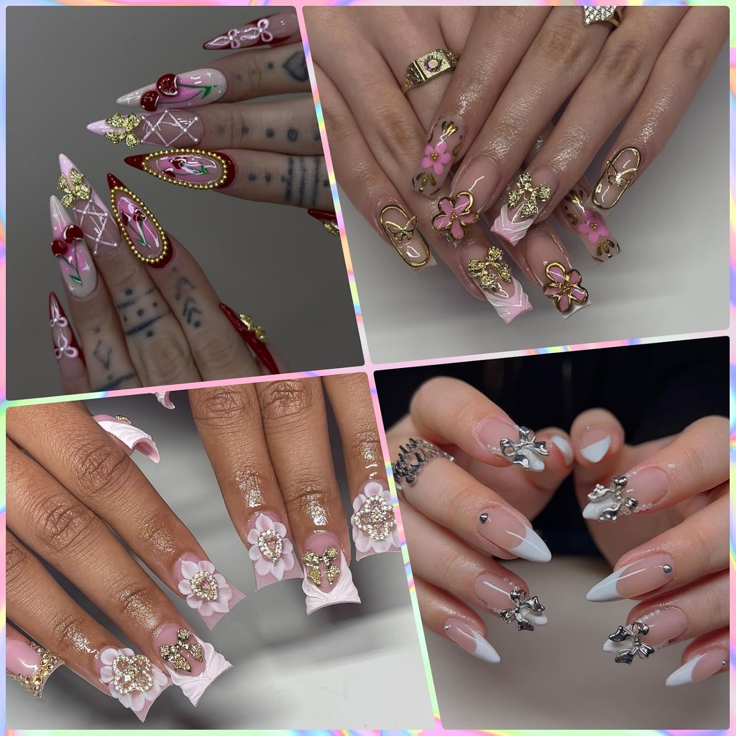 100Pcs Gold Nail Charms and Gems Charms for Nails Design Gold Charms for Nails Metal Bow Cherry Butterfly Cross Heart Star and Flowers - Image 6