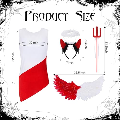 Miniatura 2 de Ramede Juego de 4 piezas de disfraz de ángel diablo de Halloween para niñas, disfraz de adolescente rojo y blanco, incluye alas de vestido, diadema,