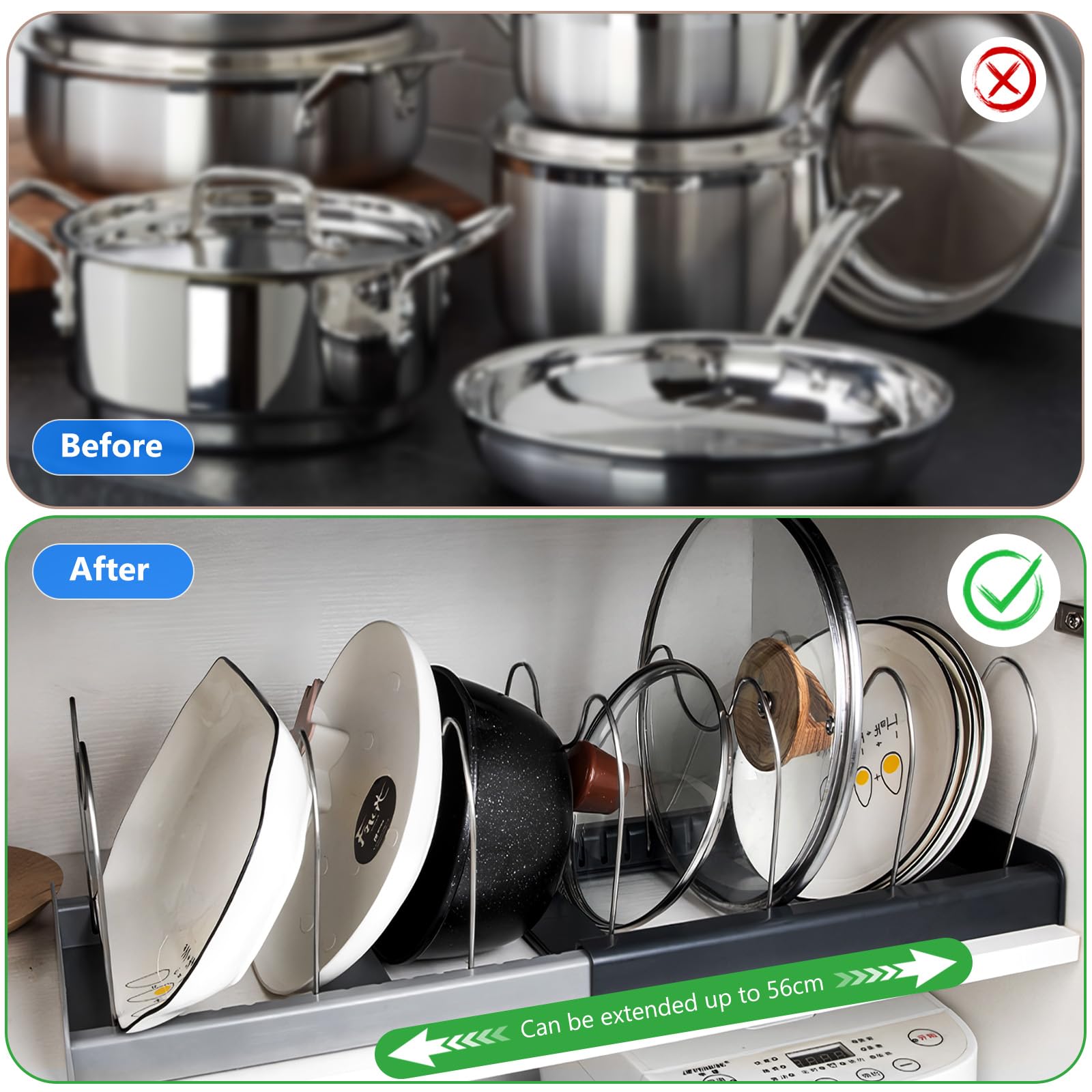 Porta Coperchi Pentole, Organizer Padelle, con 10 Scomparti Regolabili, Stendibile, Allungabile, Antiscivolo, ABS + Acciaio Inossidabile Spesso, per utensili da Cucina, Pentole, Coperchi