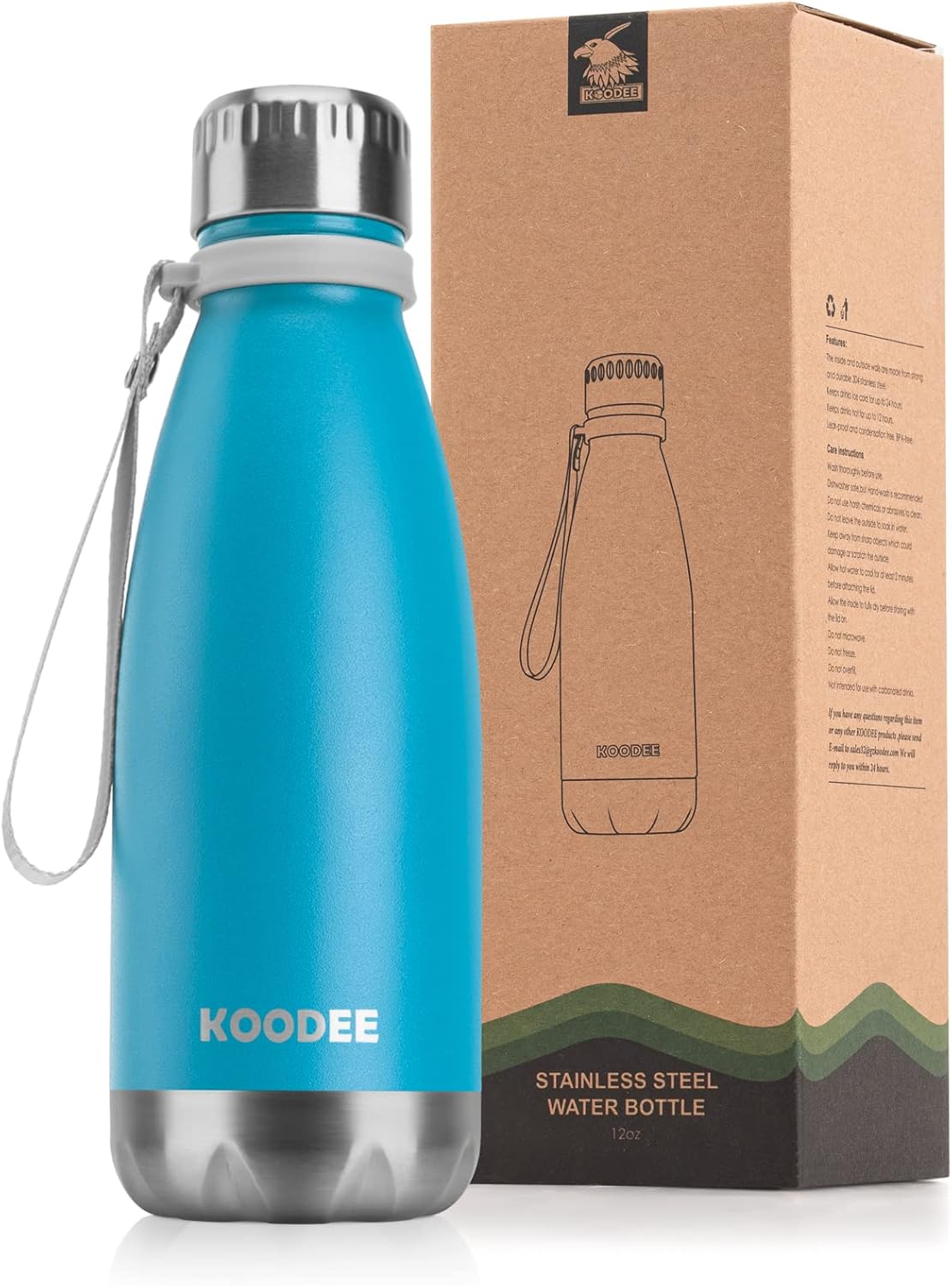 koodee Small Water Bottle 12 oz Stainless Steel Double Wall Vacuum Insulated Water Bottle BPA Free for Kids, Leak Proof (Sky Blue)