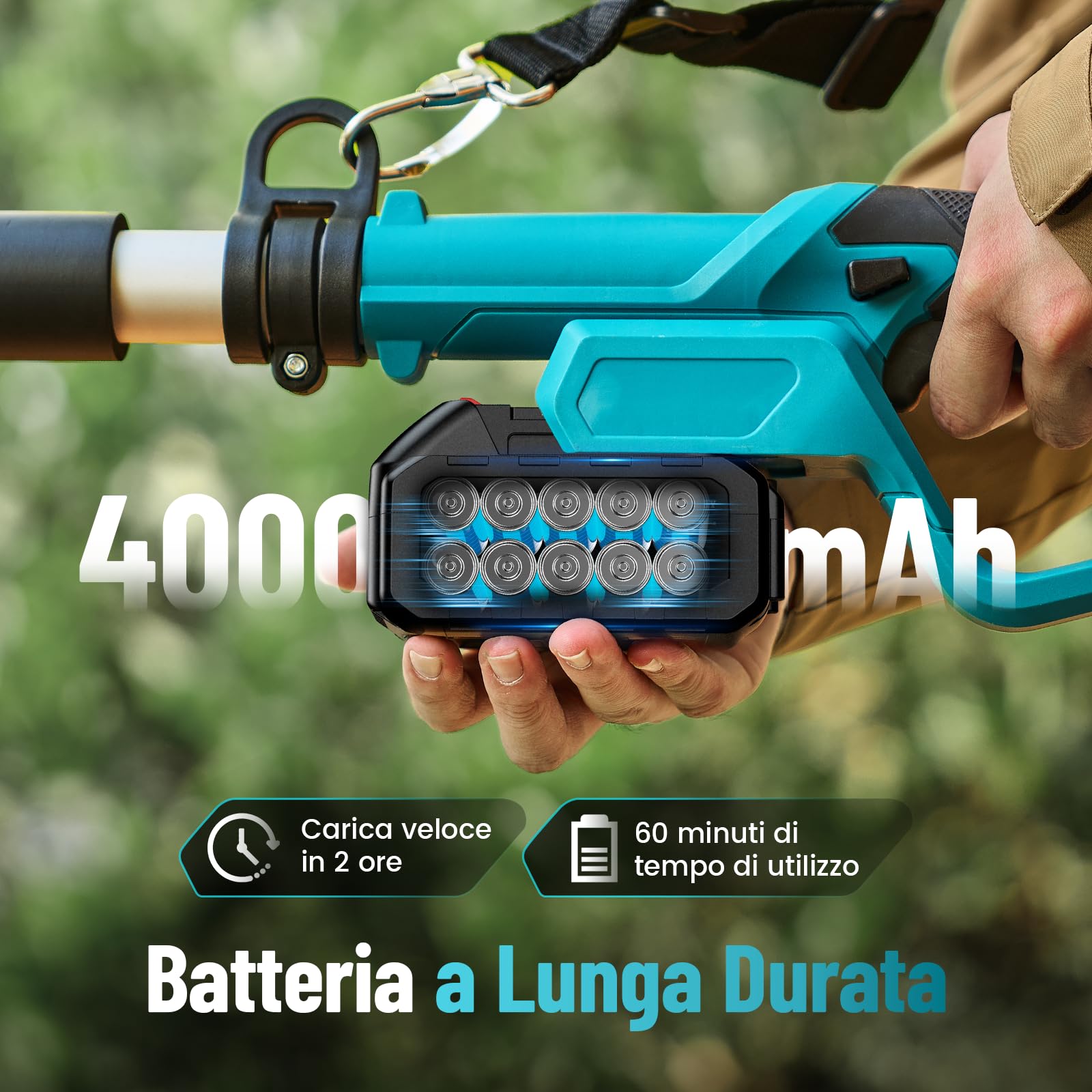 SEESII Mini Motosega 8 & 10 Pollici con 4000 mAh Batteria, Telescopica Motosega a Batteria con Asta Prolunga e Cinghia, Altezza Lavoro Fino a 4,57 m, Motosega da Potatura con Oliatore Automatico
