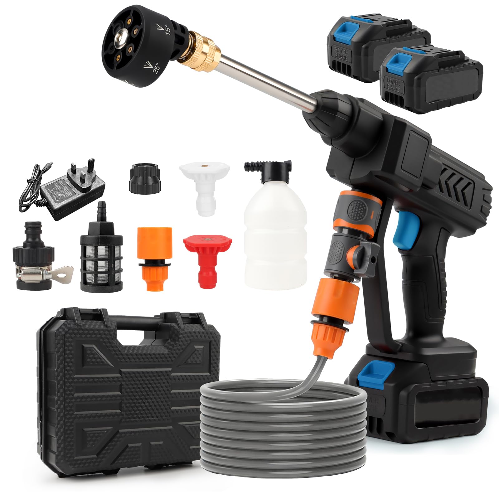 Cordless Pressure Washer, 6-in-1 Portable Power Washer with 2 Batteries, 960PSI High-Pressure Cleaner, Dual Water Source (Tap & Bucket), 5M Hose for Car, Patio, Garden Cleaning