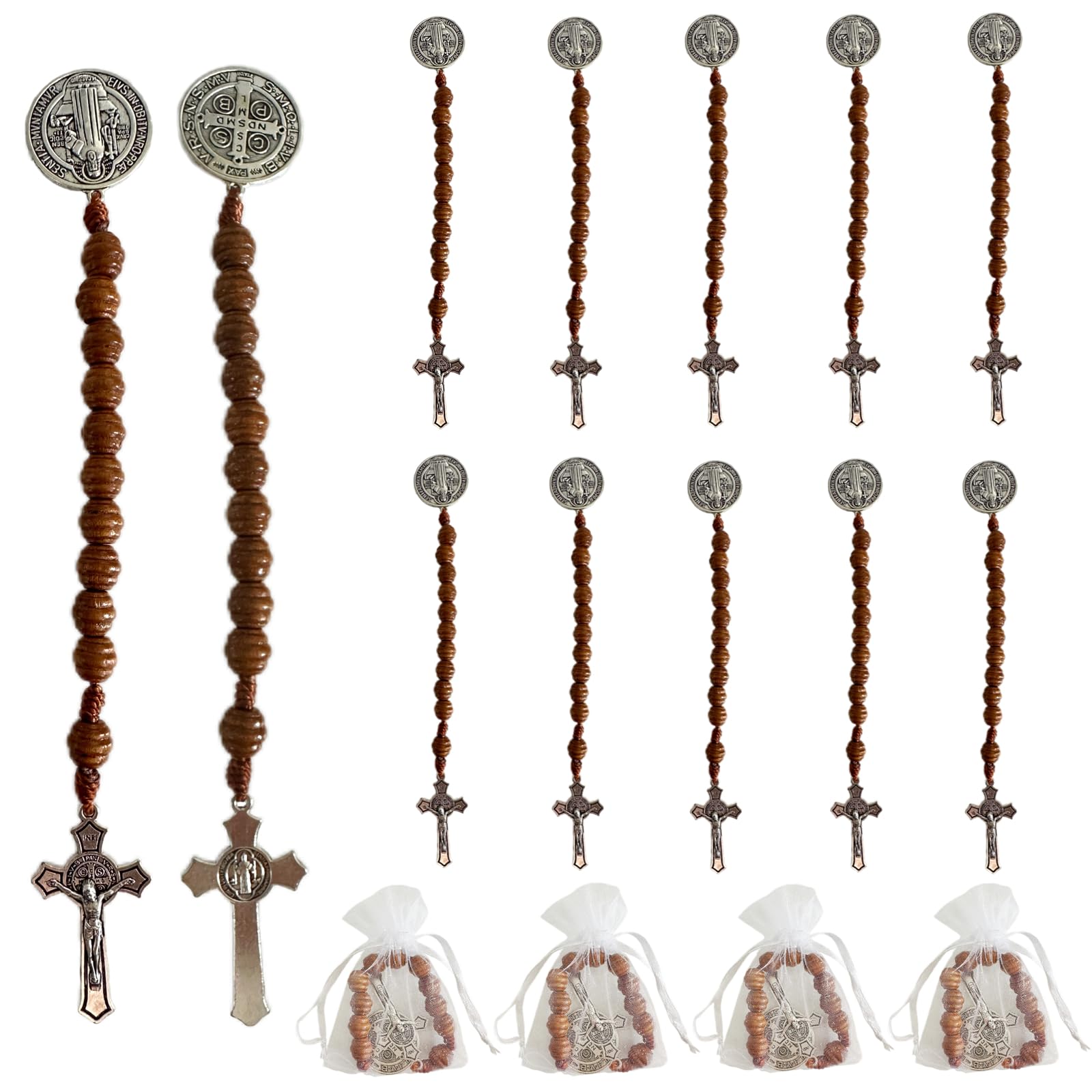 Bovemee Saint Benedict Medal Prayer Pocket Rosary Catholic Brown Wood Beads with Medalla de san benitol and Crucifix, 9 Inch 12PCS Silver