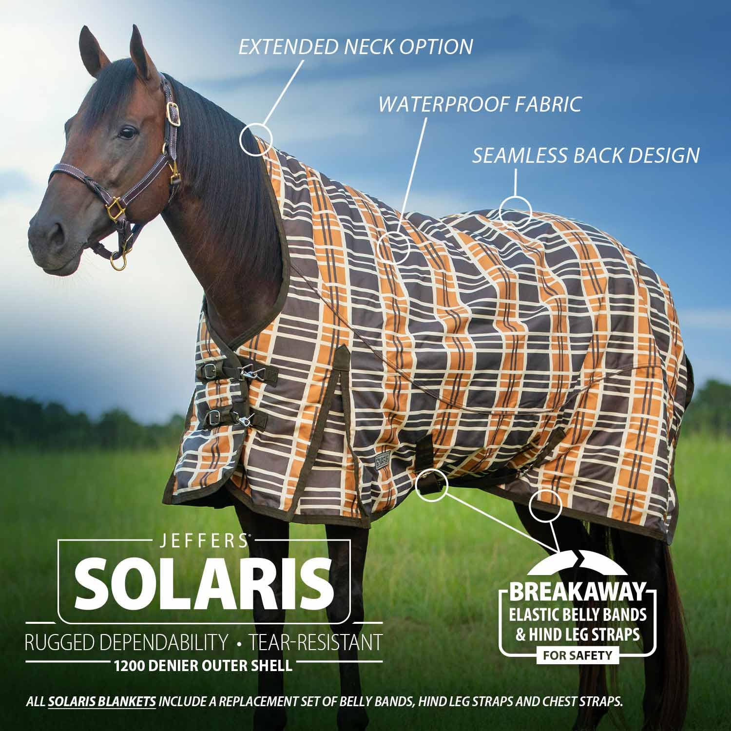Jeffers Solaris - Coperta per cavallo, 1200 denari, con collo allungato, motivo scozzese marrone e crema, 213,4 cm, impermeabile, traspirante, con Polyfill da 240 g, protezione ideale per l'inverno