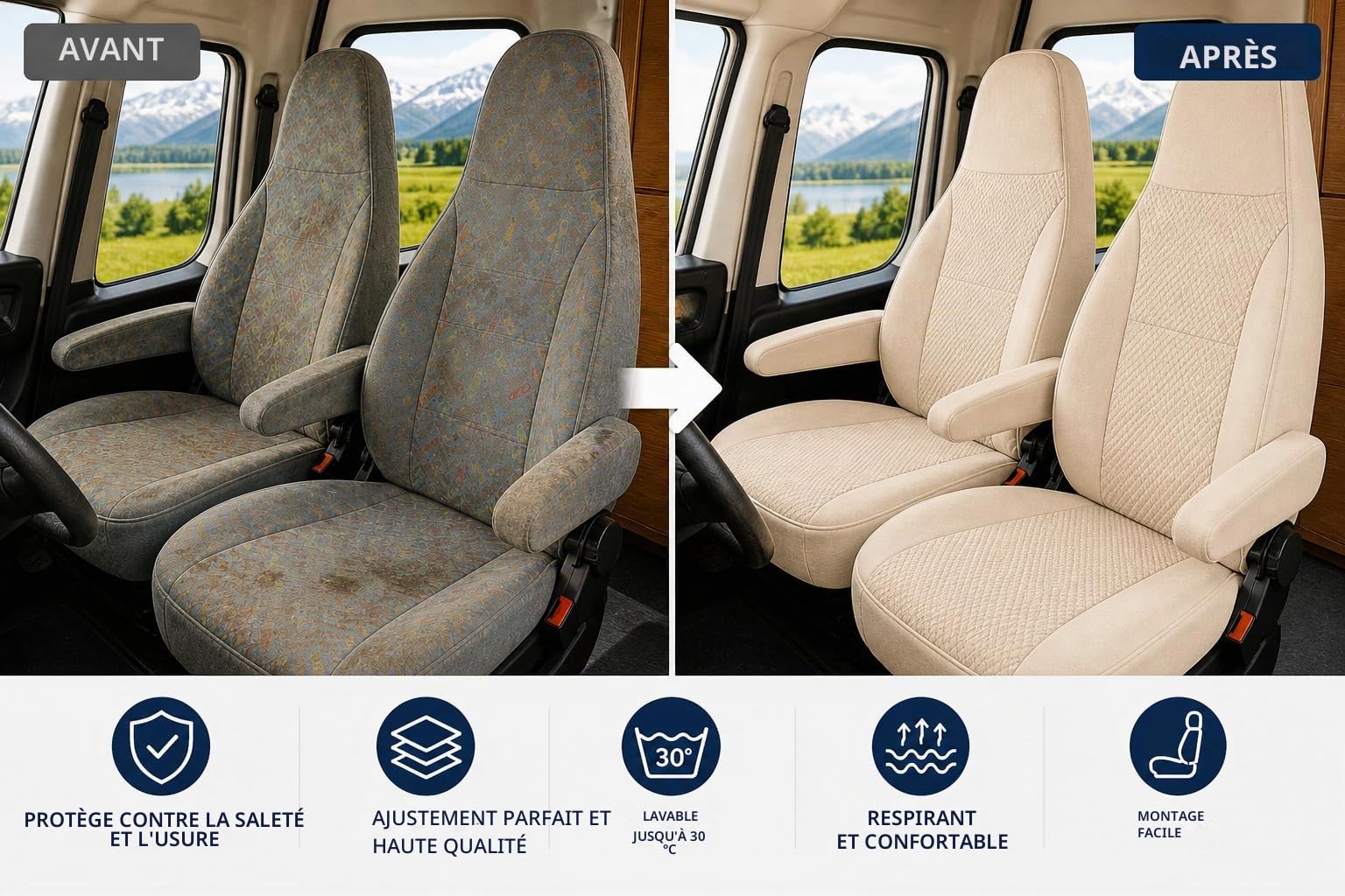 Generisch Housses de siège pour autocaravana, pilote, siège conducteur et passager, 2 places, tissus de haute qualité, lavables, lot de 1+1 (beige)