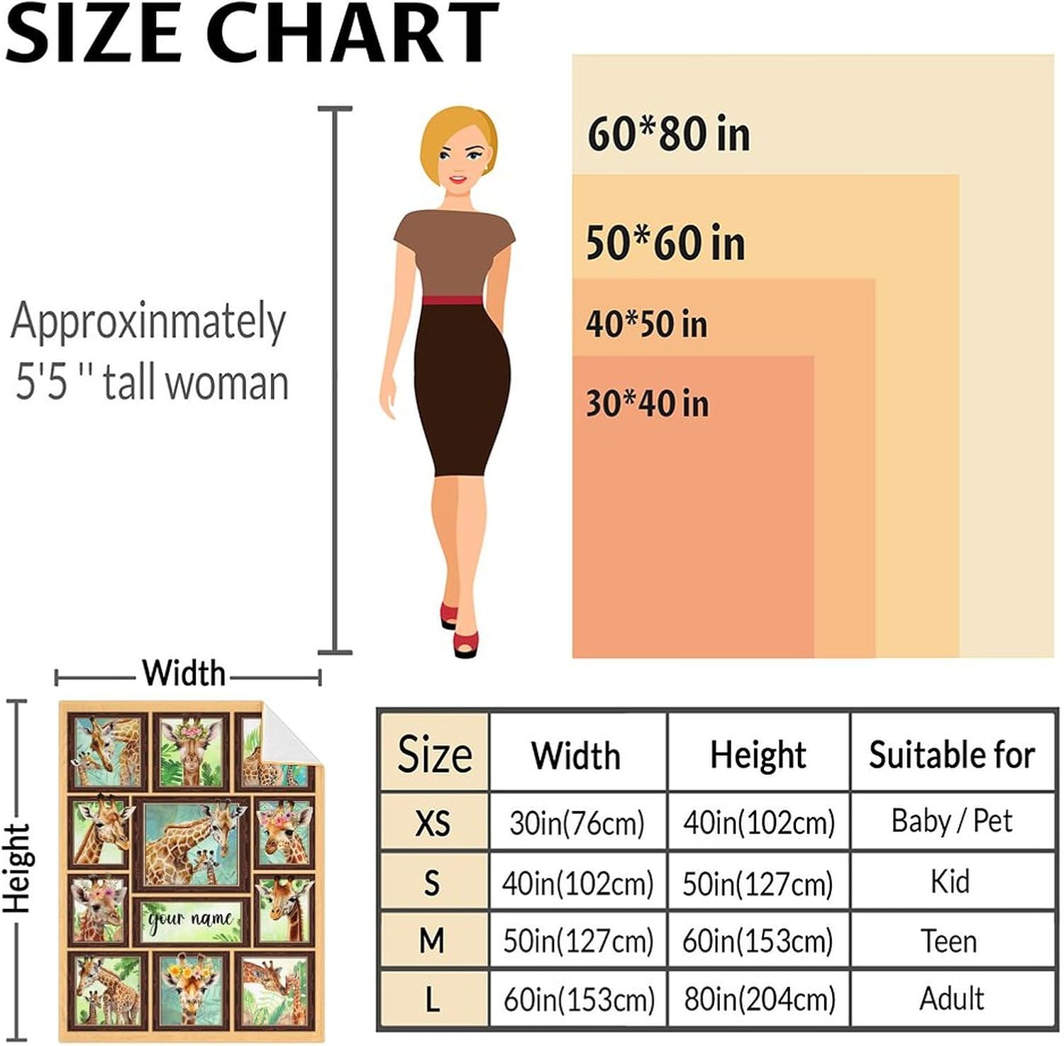 Personalized Giraffe Blanket Gifts with Name - 60"x80" Cute Throw Blanket for Adults, Kids - Brown Soft Plush Blankets for Bed, Couch & Living Room