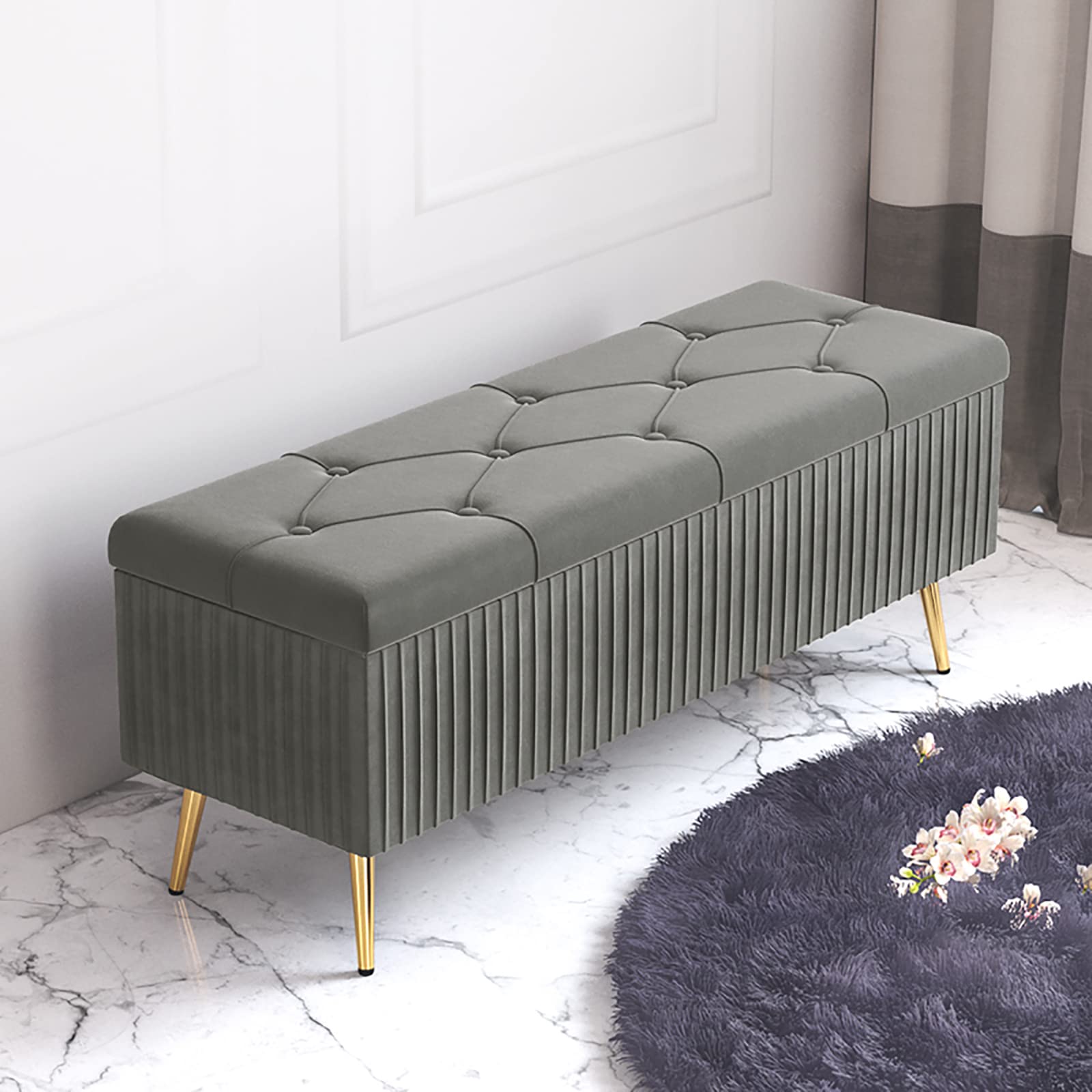 GDMDPTE Modern Velvet Shoe Storage Bench Ottoman Plush Upholstered Entryway nizer Padded Footrest Stool for Bedroom & Living Room Chic Dark Gray Storage Solution