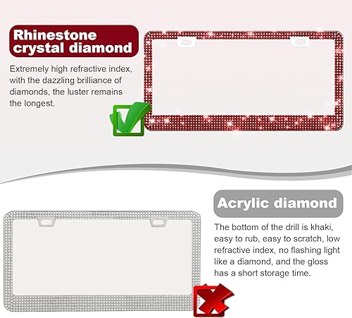 Vista 9 de Paquete de 2 marcos de matrícula brillantes para mujer, accesorios de automóvil con diamantes de imitación brillantes con tapas de cristal con Blanco