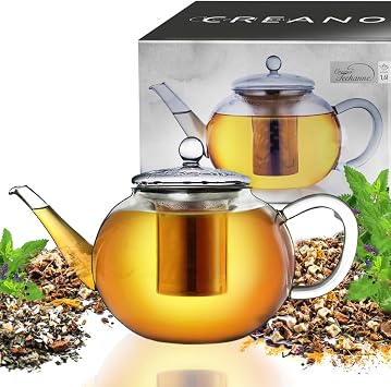 Creano glass teapot 54oz 1600ml, tea maker with integrated stainless steel infuser and glass lid, ideal for preparing loose teas, drip-free, all-in-one