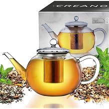 Creano glass teapot 54oz (1600ml), tea maker with integrated stainless steel infuser and glass lid, ideal for preparing loose teas, drip-free, all-in-one