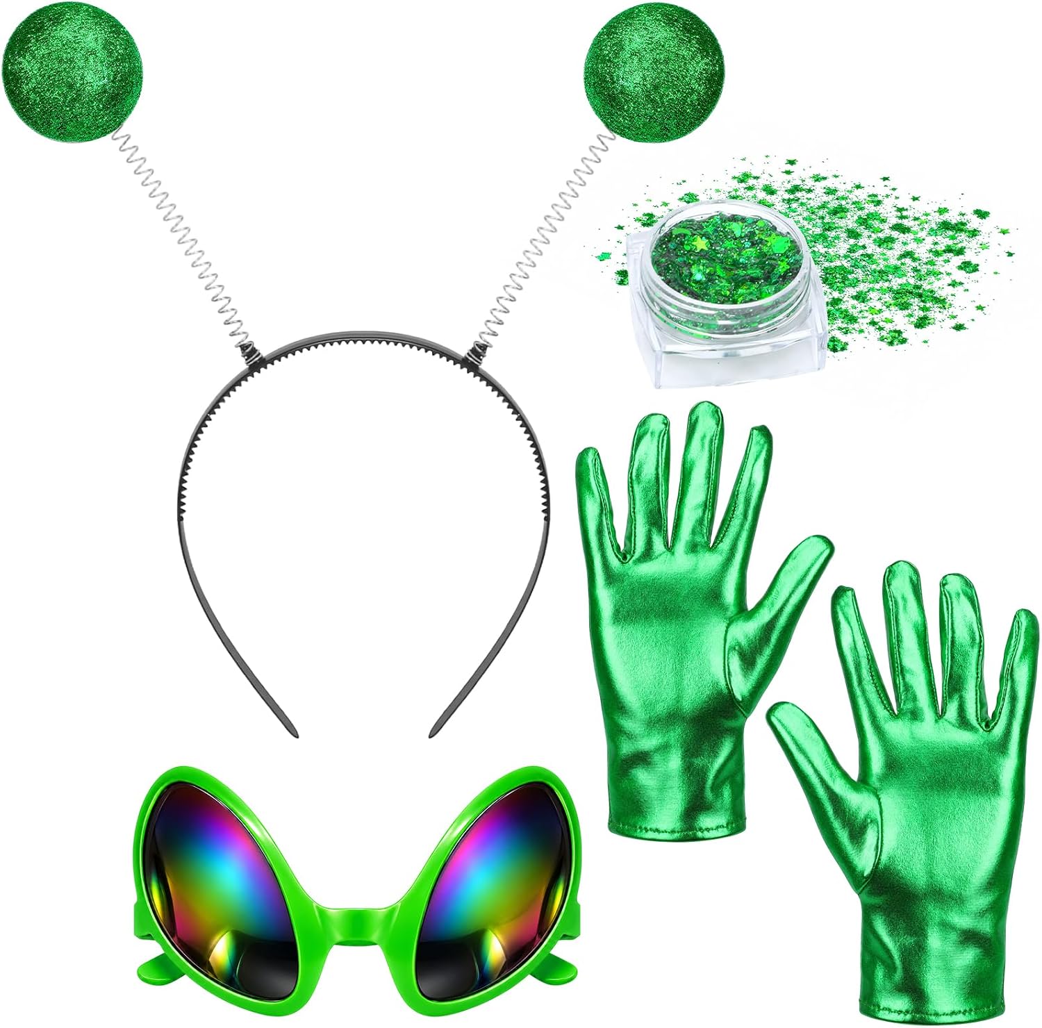 Coopay Green Alien Glitter Set w/Headband, Glasses, Gloves for Halloween