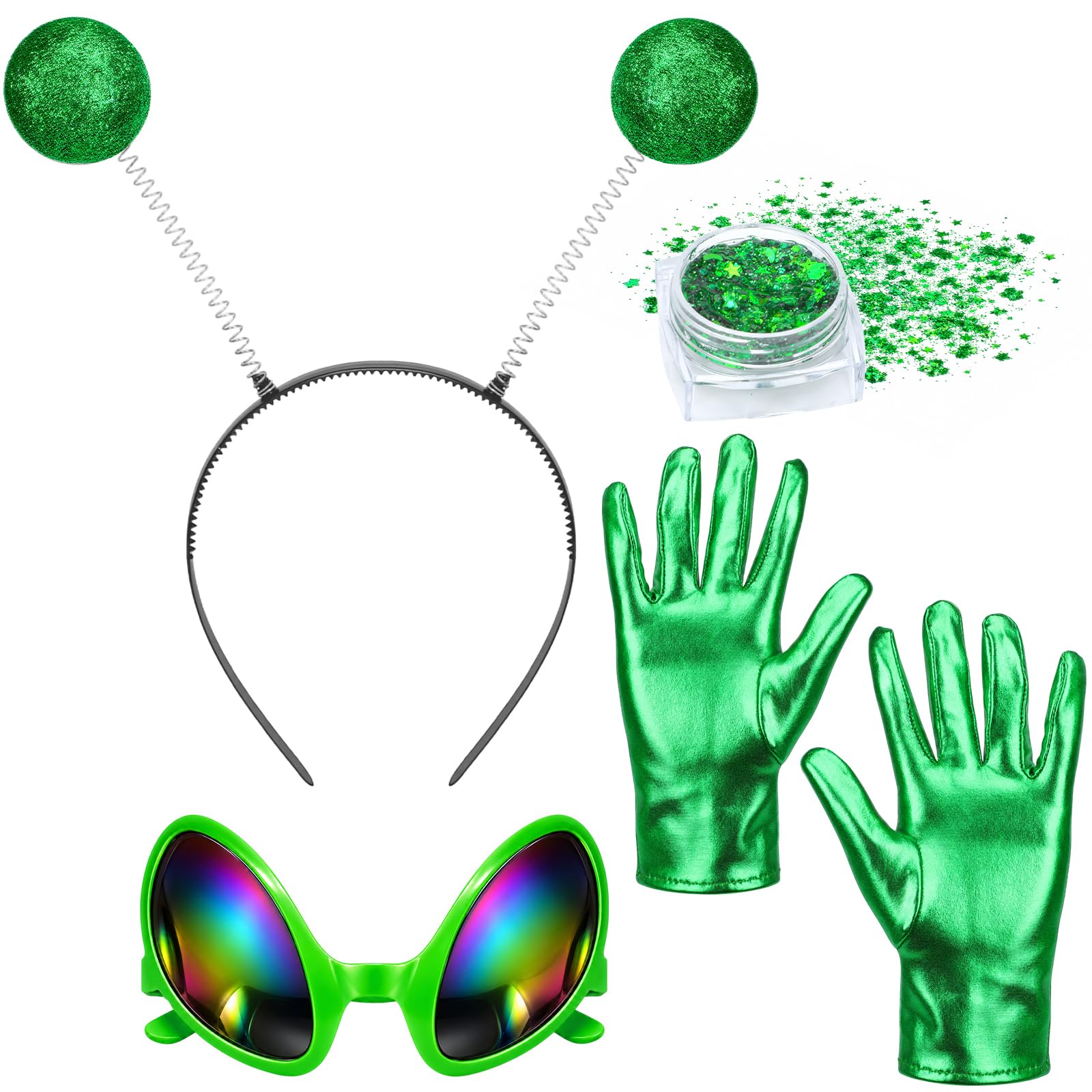 Coopay Green Alien Glitter Set w/Headband, Glasses, Gloves for Halloween
