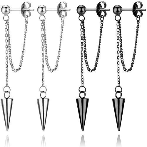 Fiklon Gold Chain Earrings for Women Irregular Bar Spike Drop Dangle Earrings Long Threader Earring Dangly Tassel Earrings Stainless Steel Black Spike Steampunk Gothic Punk Earrings Jewelry - Spike_Silver Black
