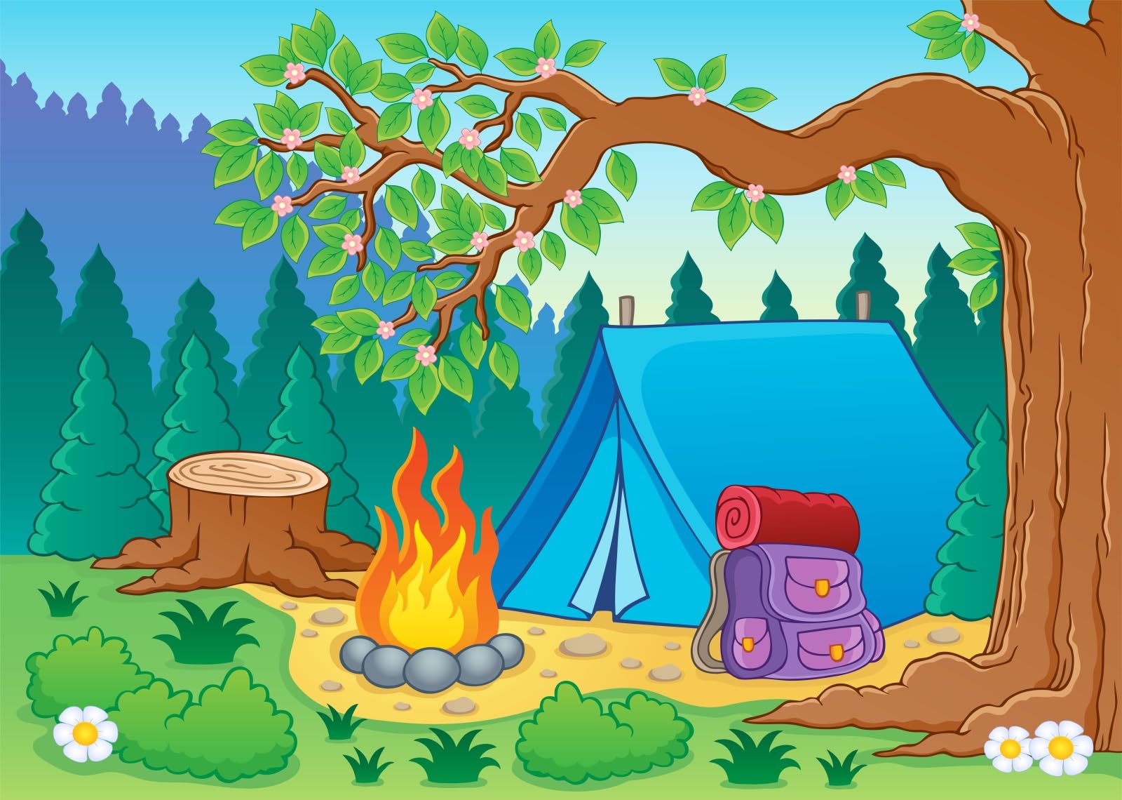 BELECO 5x3ft Fabric Camping Backdrop Cartoon Mountain Forest Camp Tent Bonfire Background Camping Party Decorations Birthday Shoot Photo Booth Studio