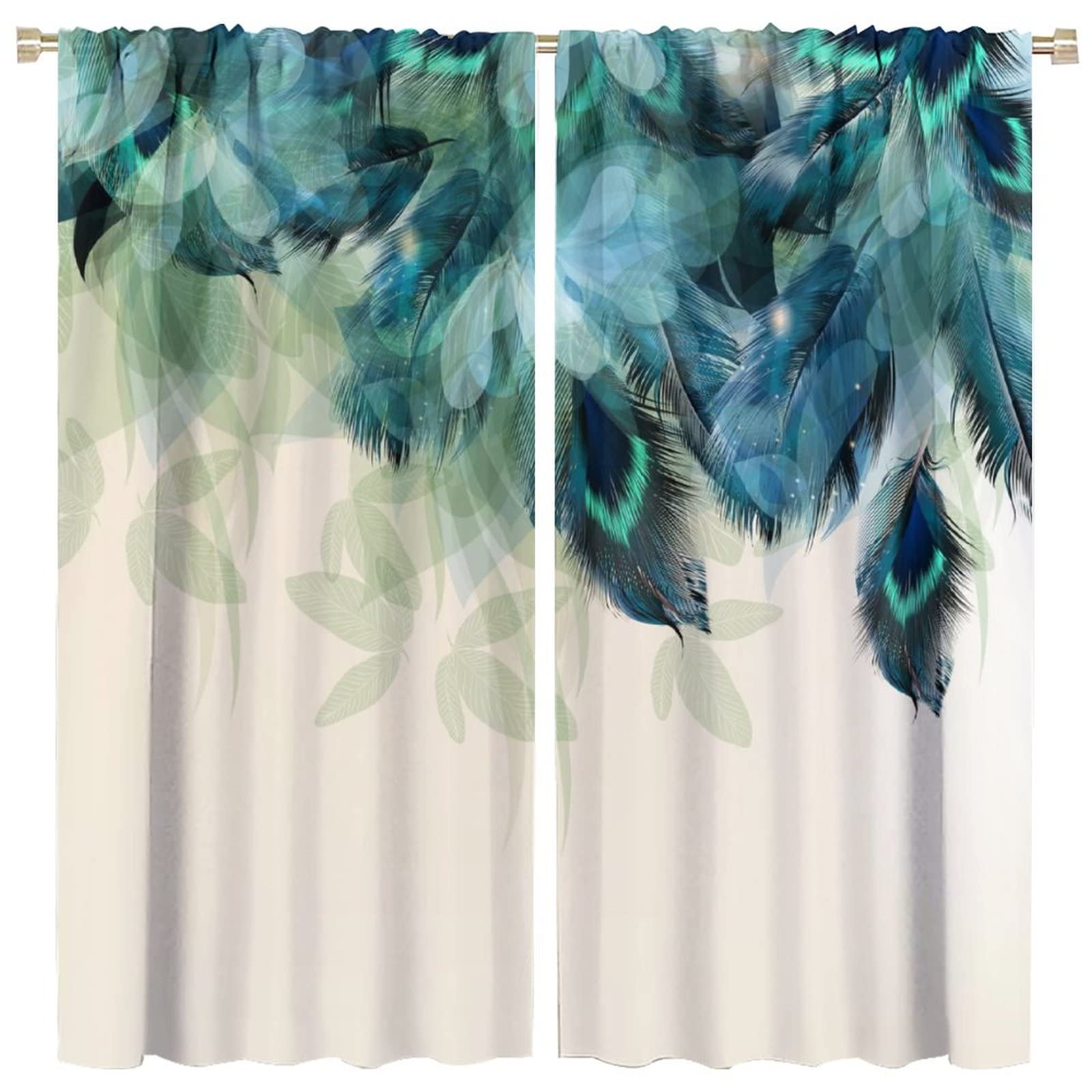 SENQIAN Watercolor Peacock Feather Curtains Teal Blue Floral Green Leaf Rustic Art Printed Rod Pocket Blackout Window Drapes for Living Room Bedroom