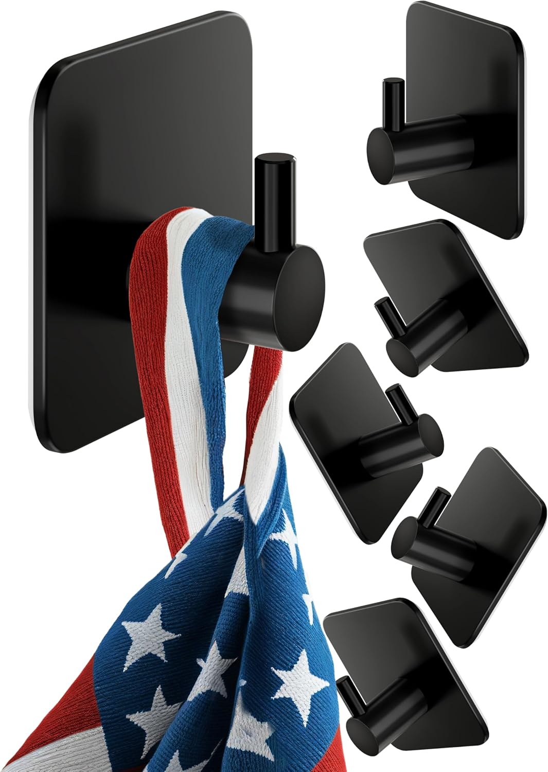 Menz 6-Pack Adhesive Towel Hooks for Bathrooms, Black - Durable Self-Adhesive Robe Rack, Adhesive Wall Hooks, Sticky Towel Holder, Waterproof, No Drill