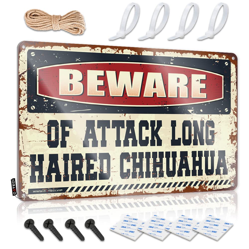 IBWNBBUSN Funny Signs For Bar Beware Of Attack Long Haired Chihuahua Tin Sign Bar Rules Sign Outdoor Bar Signs(20X30CM)