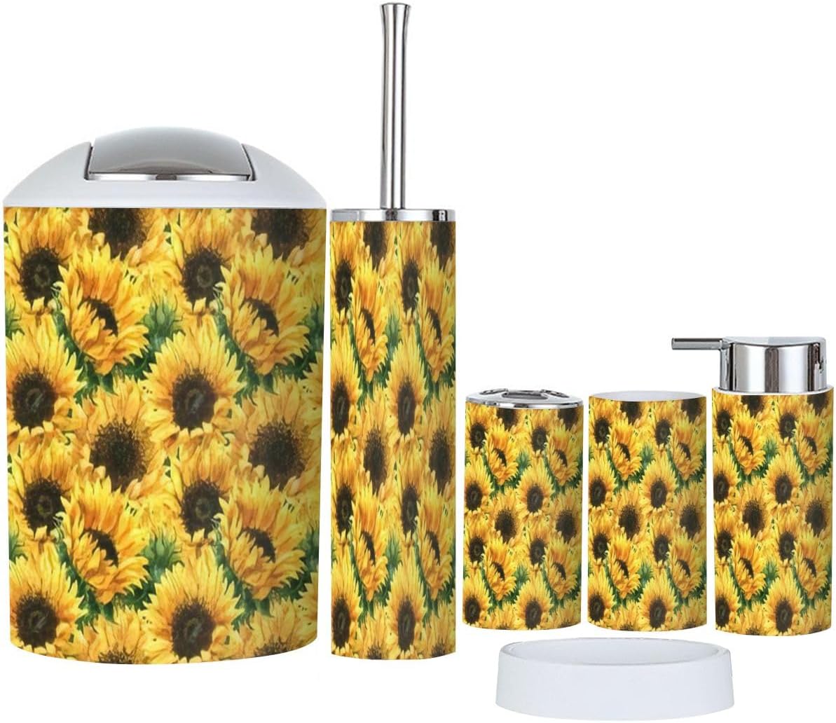 Bathroom Accessory Set 6 Piece Watercolor Floral Sunflowers for Fashion Clothing Toothbrush Holder, Toothbrush Cup, Soap Dispenser, Soap Dish, Toilet Brush Holder, Trash can for Countertop