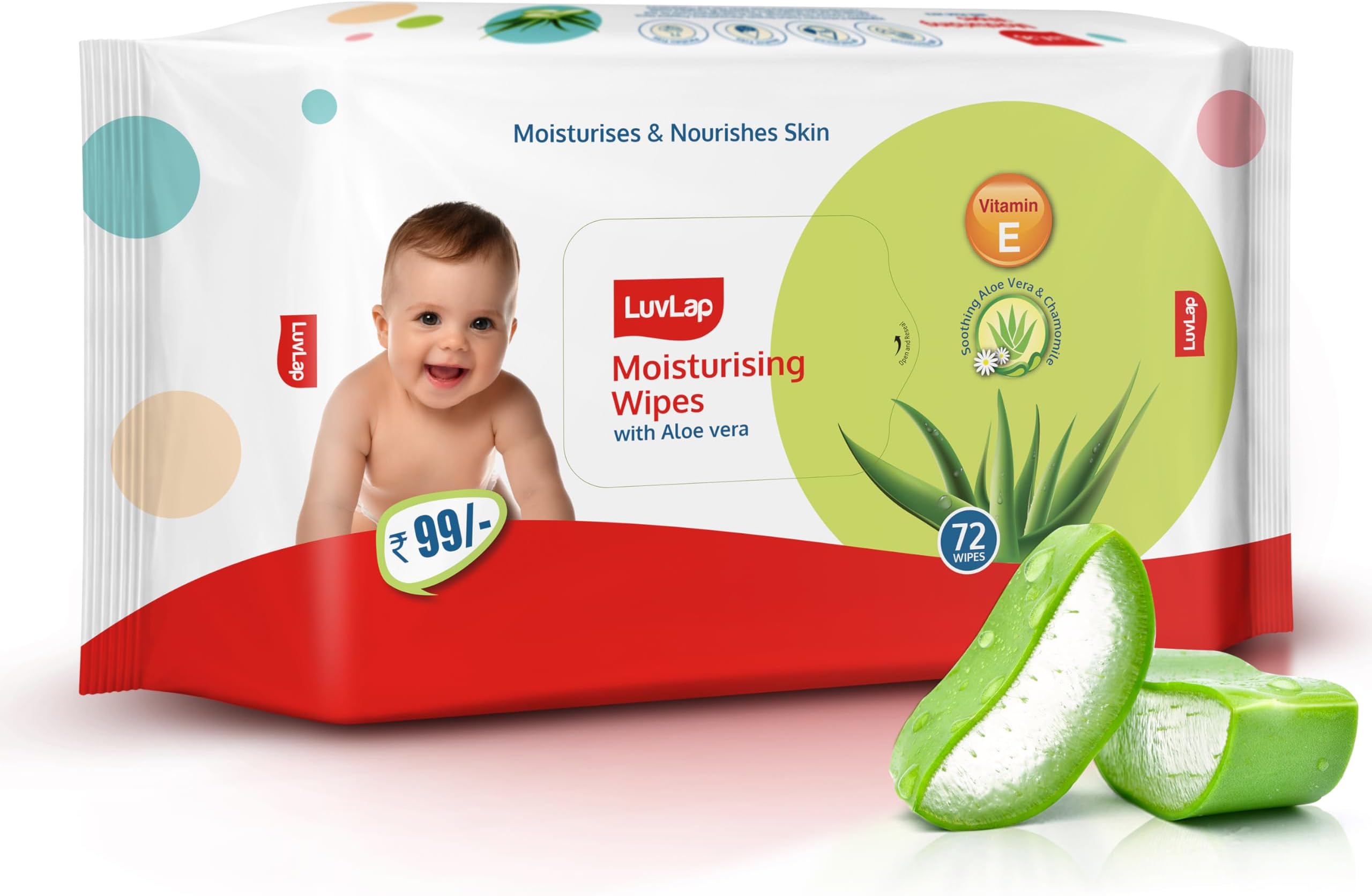 Moisturising Wet Wipes without Lid For Baby Skin, Enriched with Aloe Vera, Vitamin E & Chamomile Extract, pH Balanced, Dermatologically Safe, Paraben & Sulphate Free, 72 Wipes